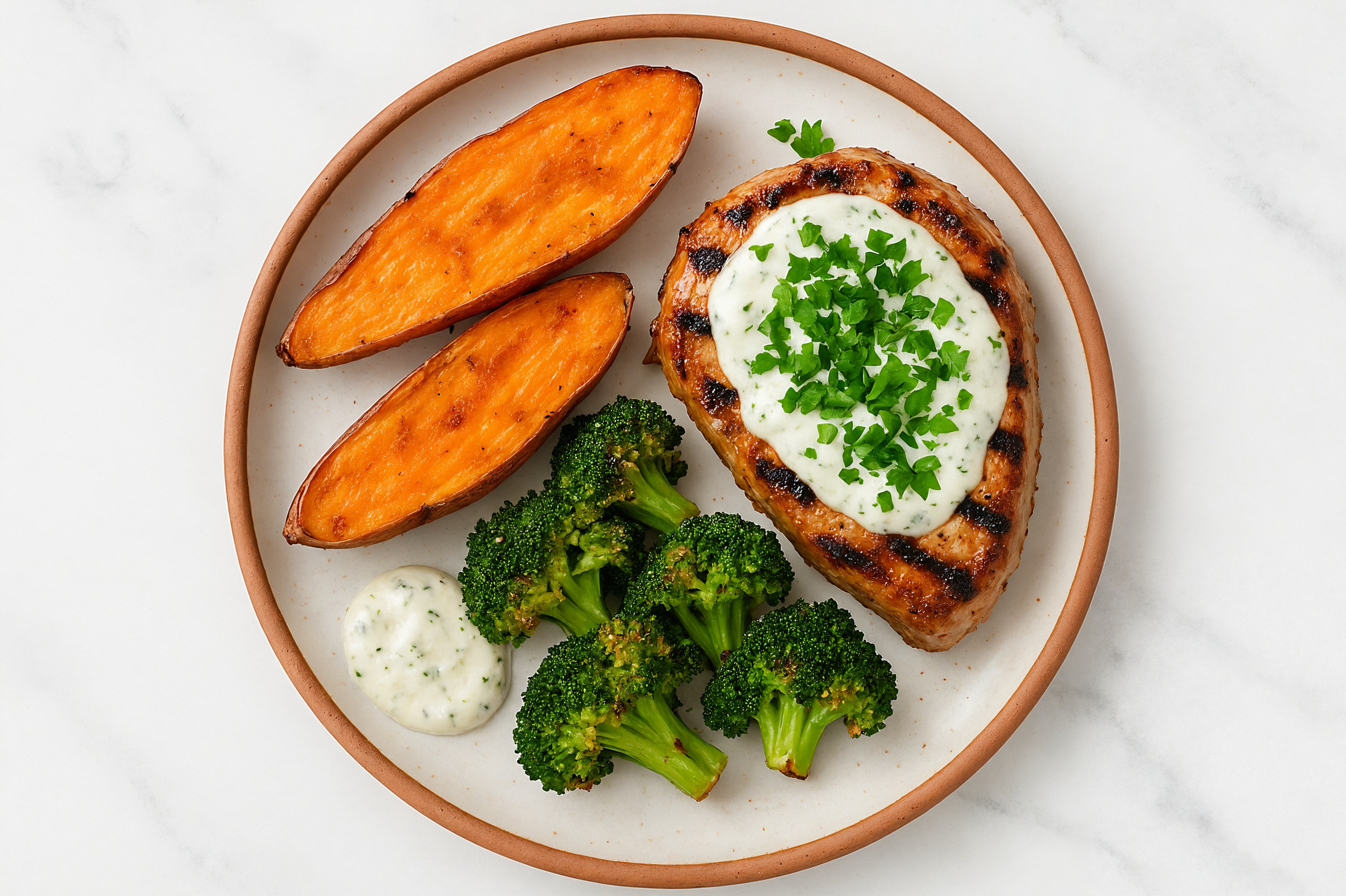 Savory Sheet-Pan Pork Chop + Veggies with Tzatziki with Broccoli Florets