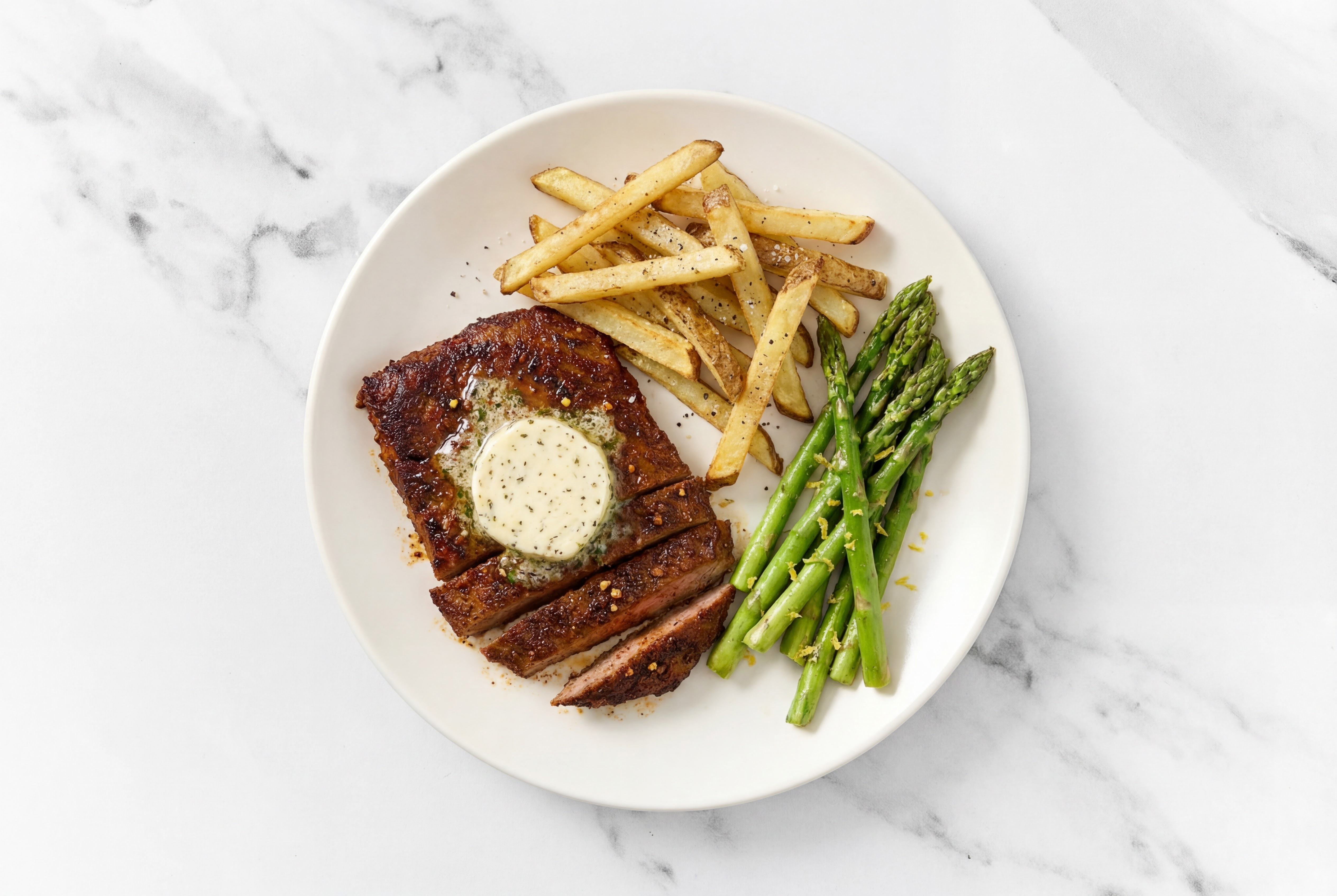 Adobo Marinated Flank Steak Frites with Lemony Asparagus