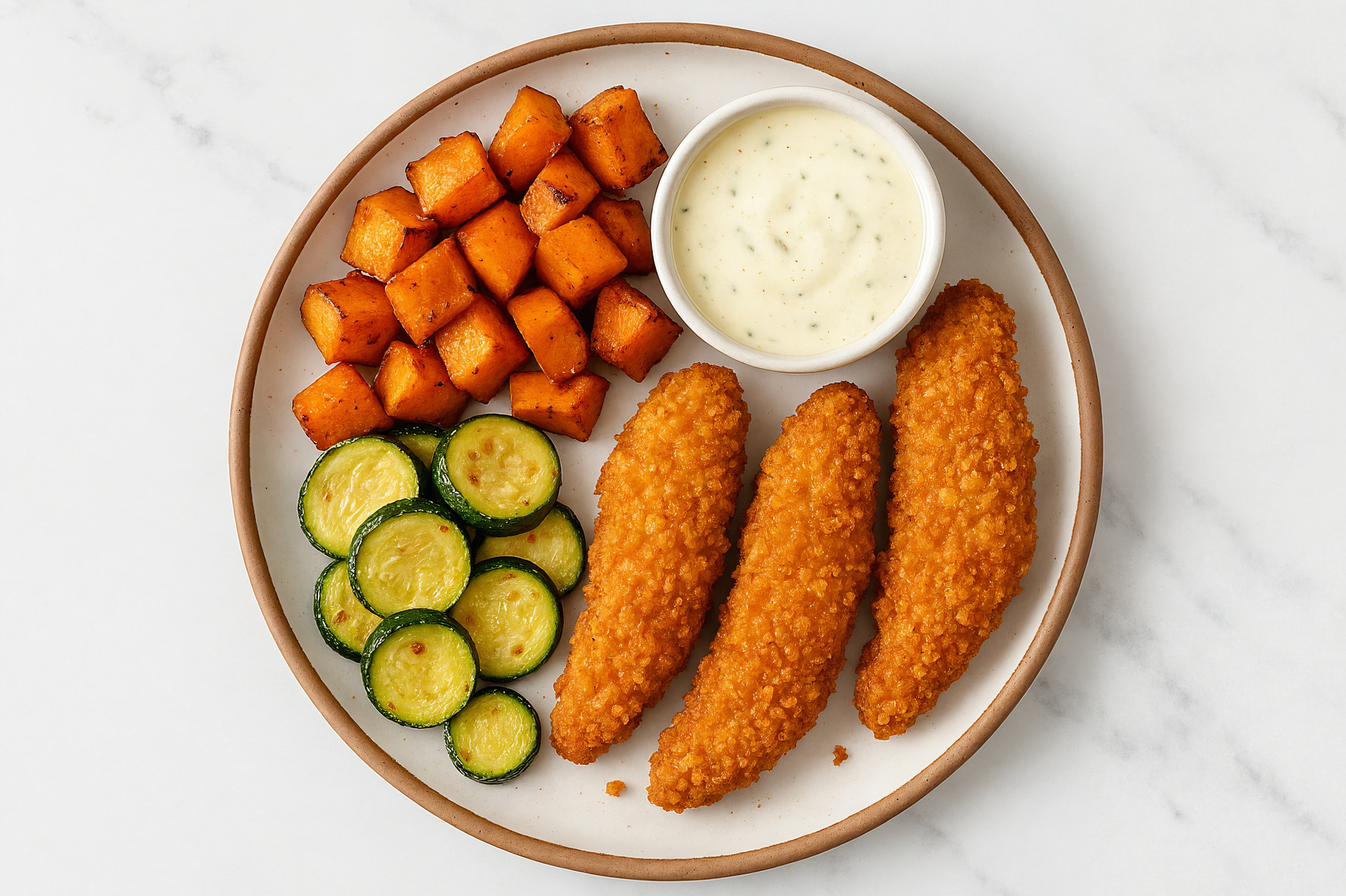 "Chicken" Tenders + Roasted Sweet Potatoes with Ranch