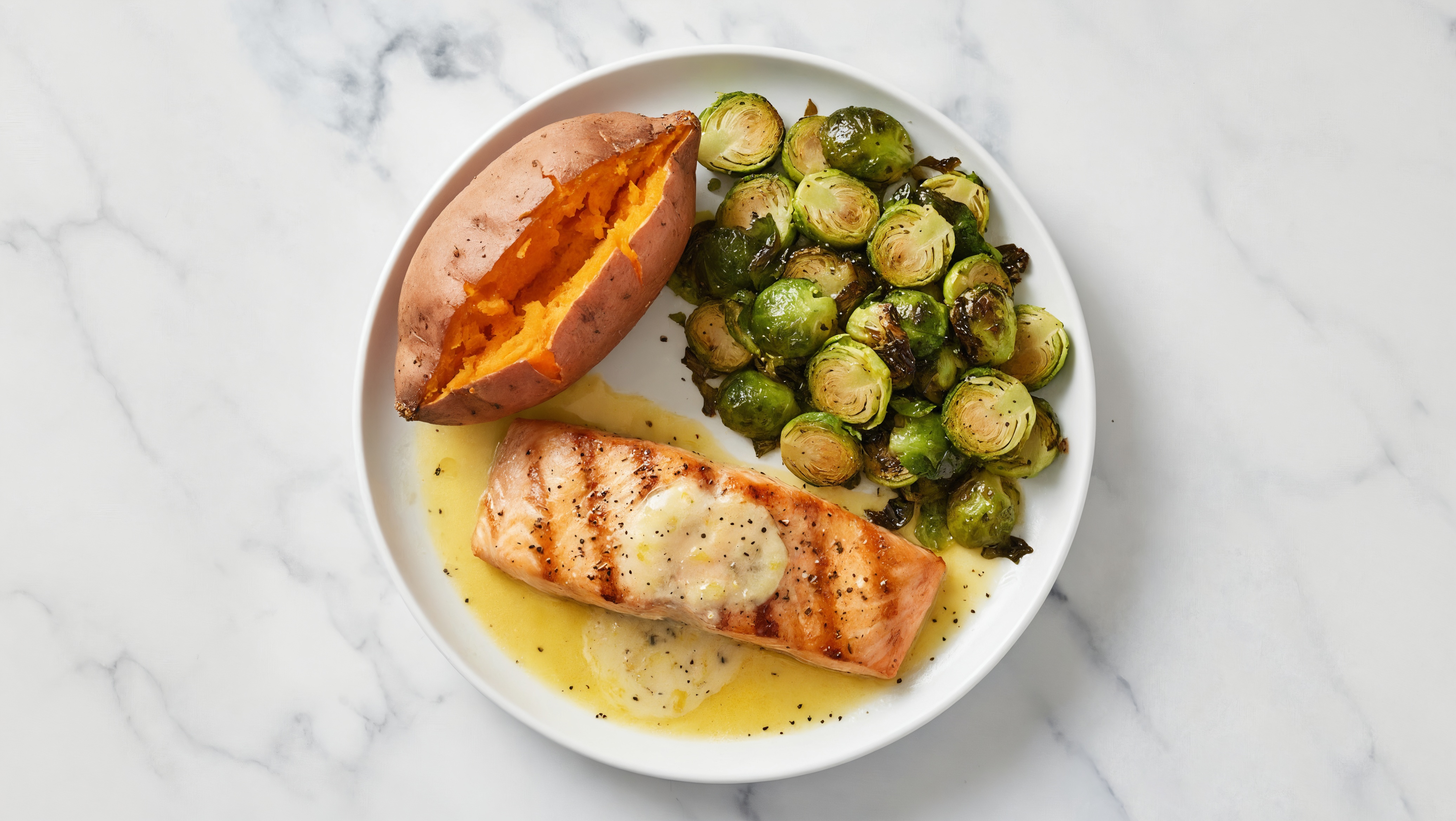 Lemon-Slow Churned & Peppercorn Pasture Butter Salmon with Sweet Potato & Brussels