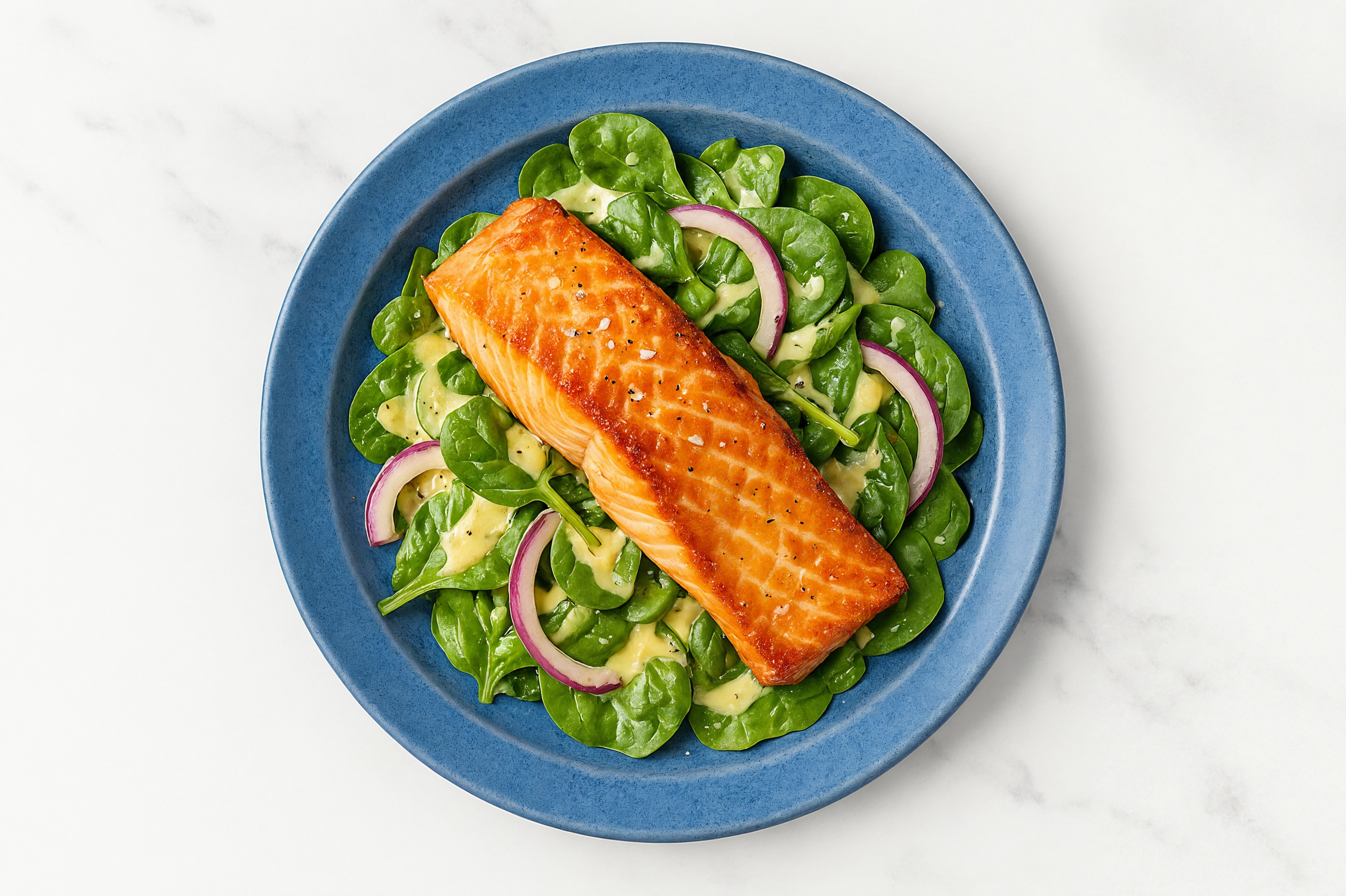 Baby Spinach Salad with Atlantic Salmon Fillets, Onion & House Dressing