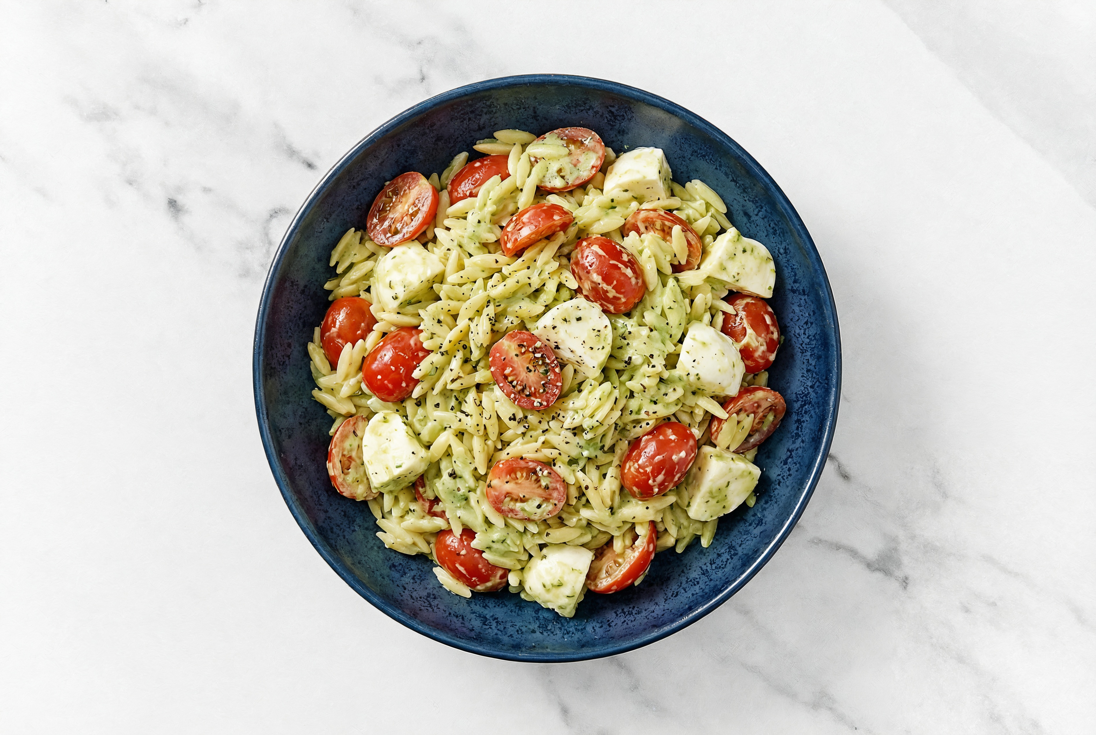 Quickest Caprese Orzo Pasta Salad with Mozzarella Ball