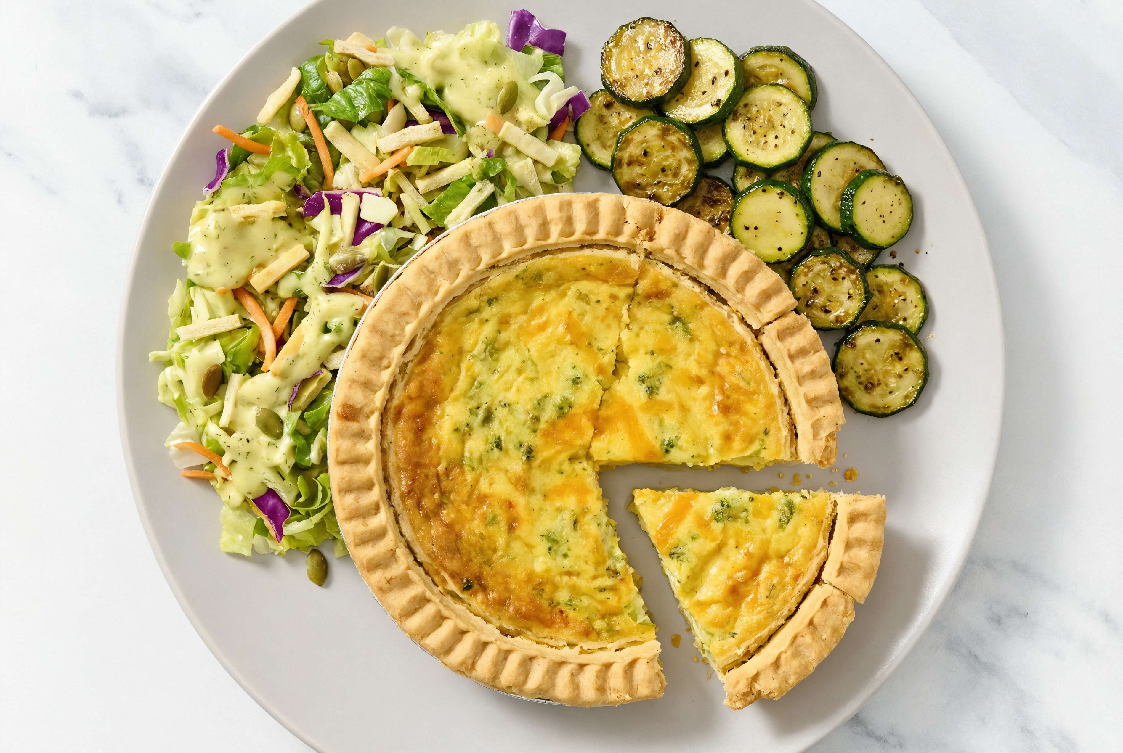 Broccoli & Cheddar Quiche with Zucchini & Goddess Salad