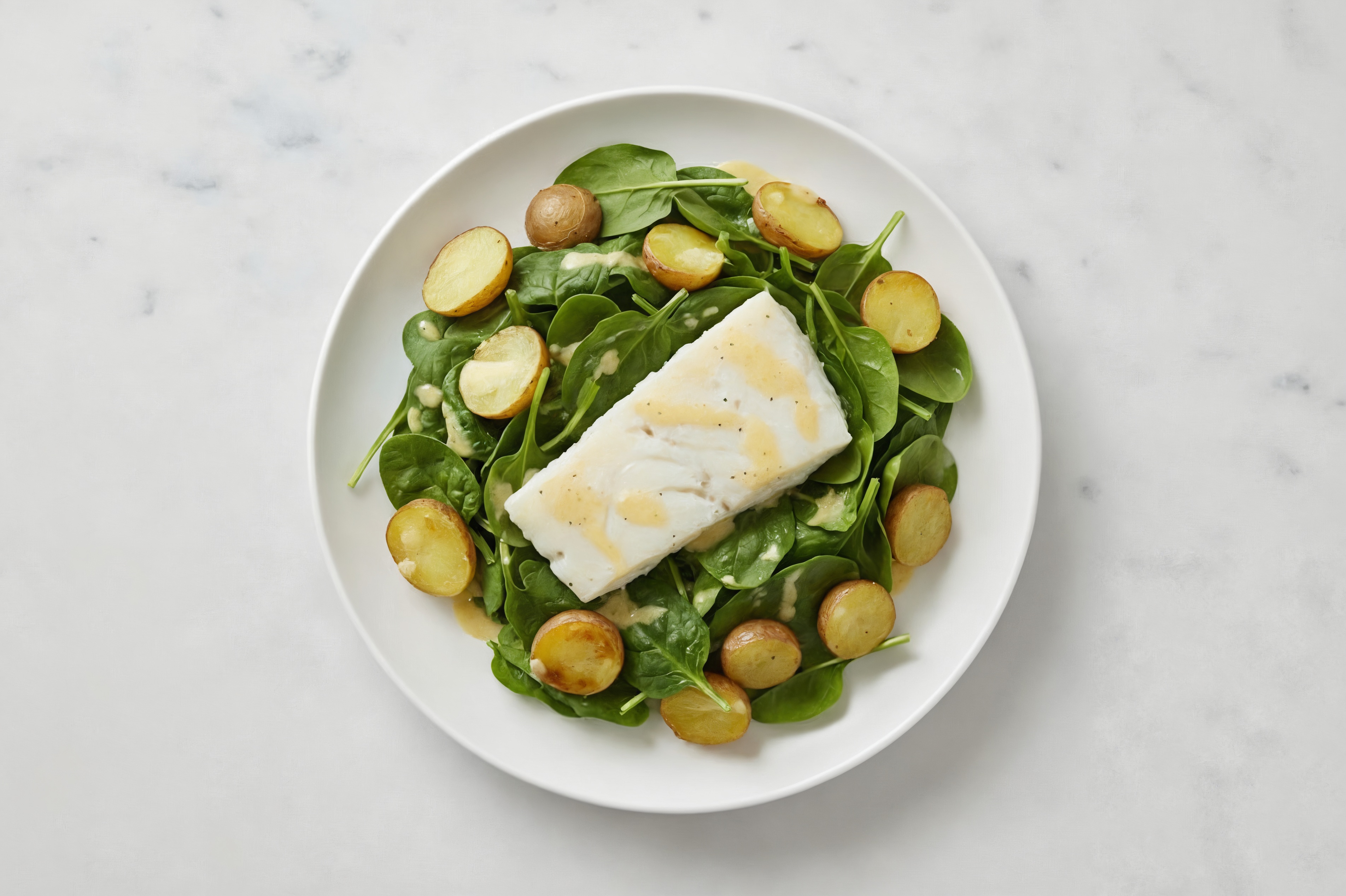 Roasted Halibut House Salad with Baby Spinach