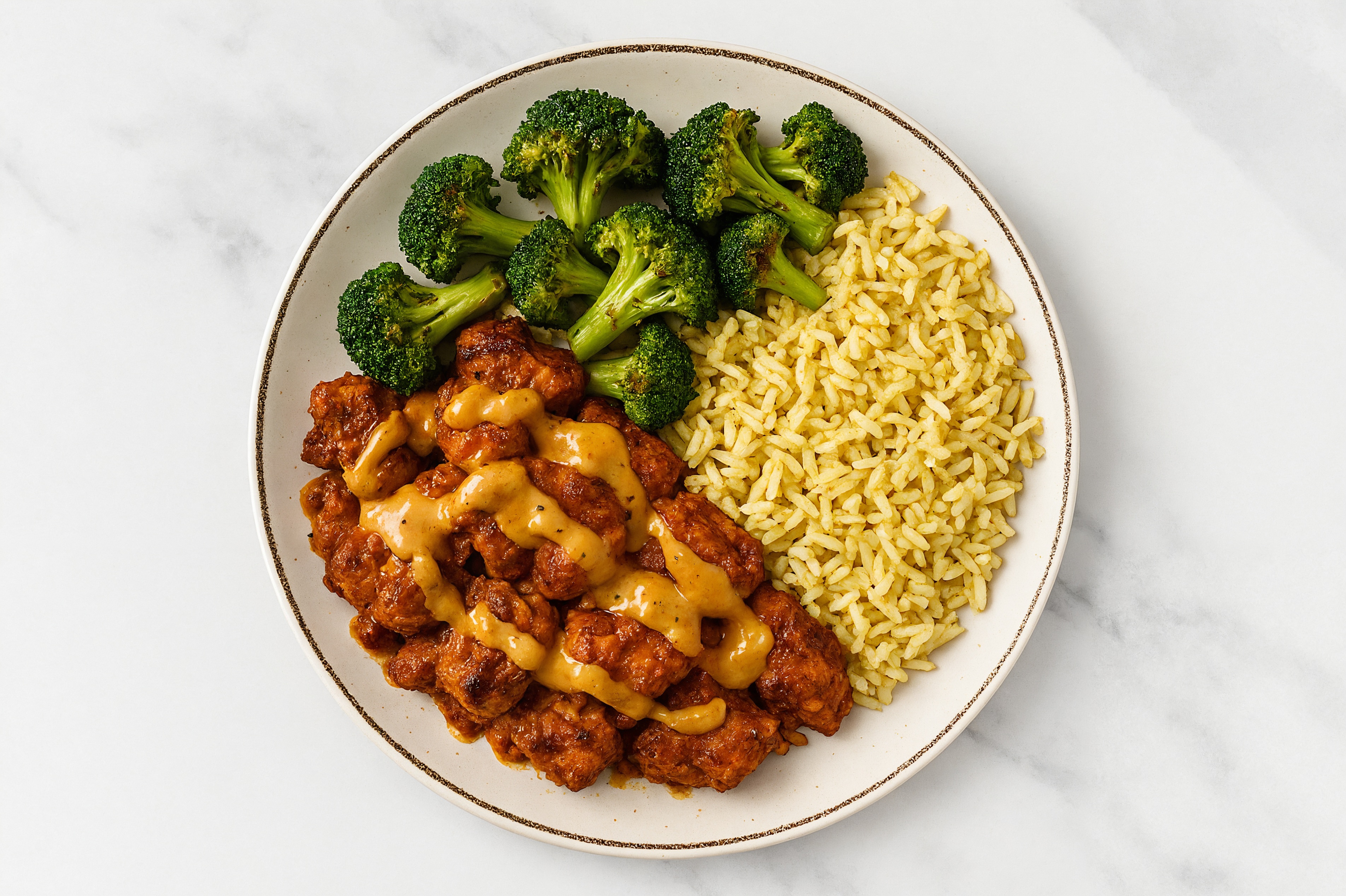 Creamy BBQ Tandoori Chicken Rice Bowl with Broccoli Florets
