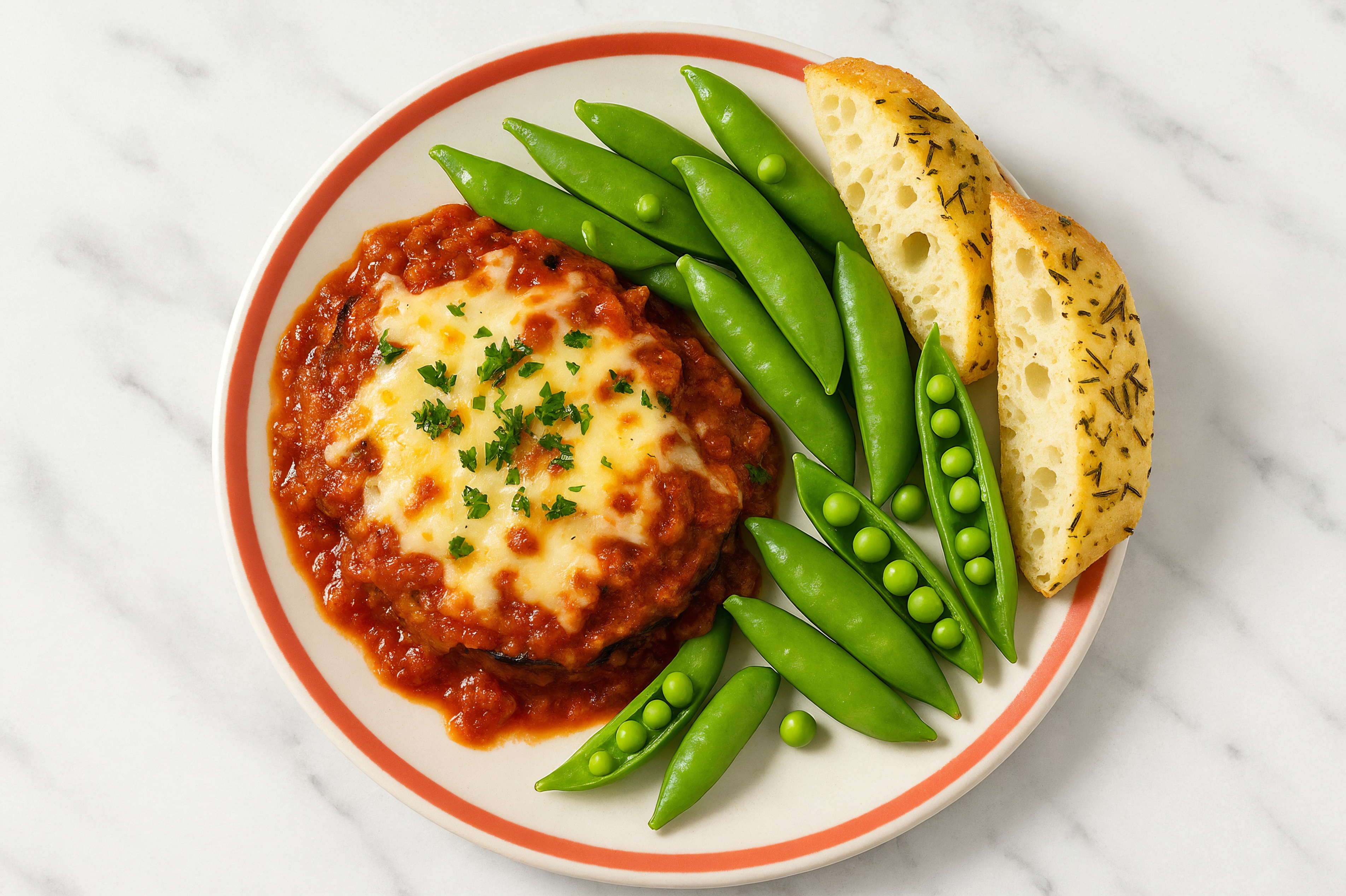 Eggplant Parmesan with Snap Peas + Focaccia