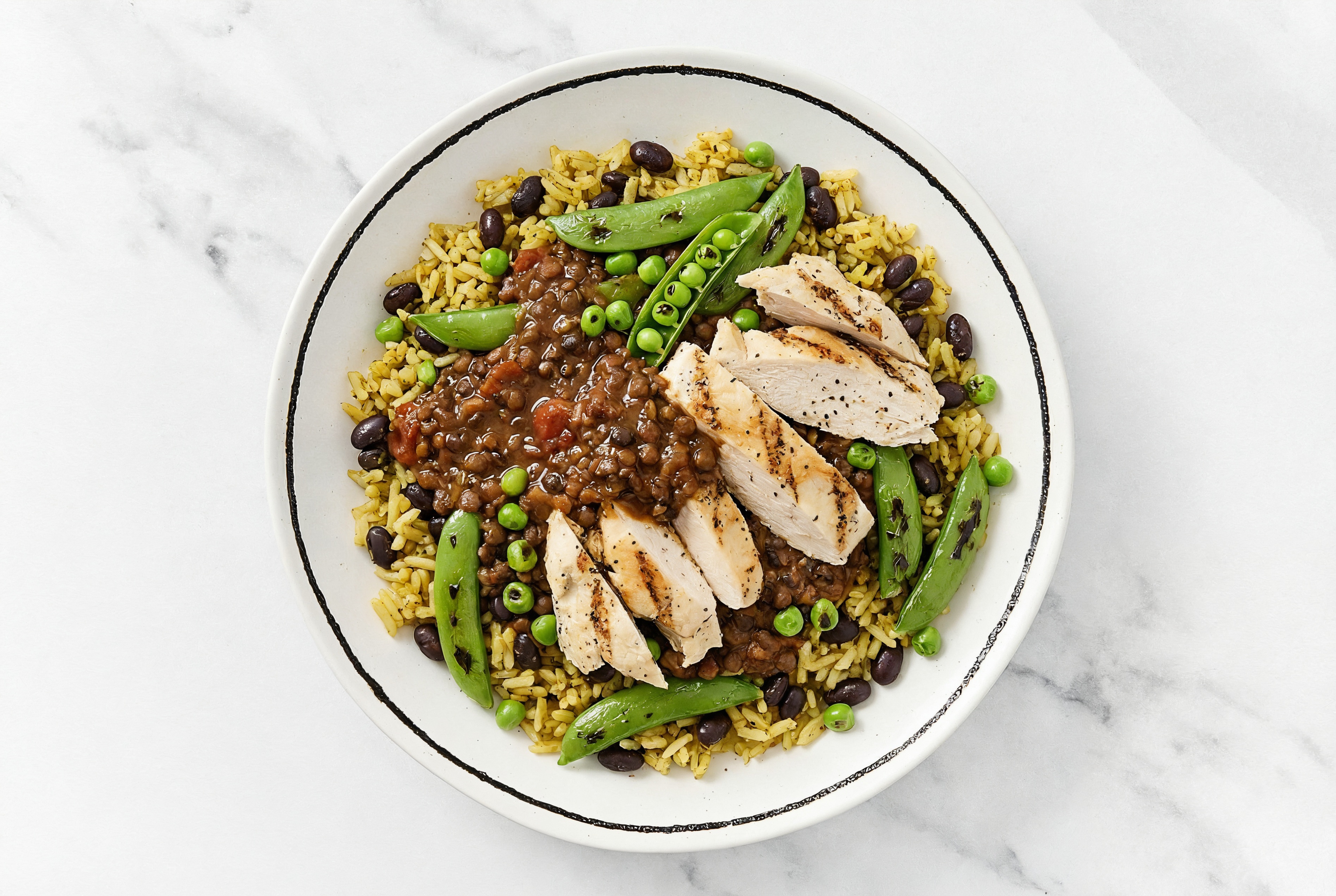 Simple Chicken + Seasoned White Rice + Black Beans Lentil Dal Grain Bowl