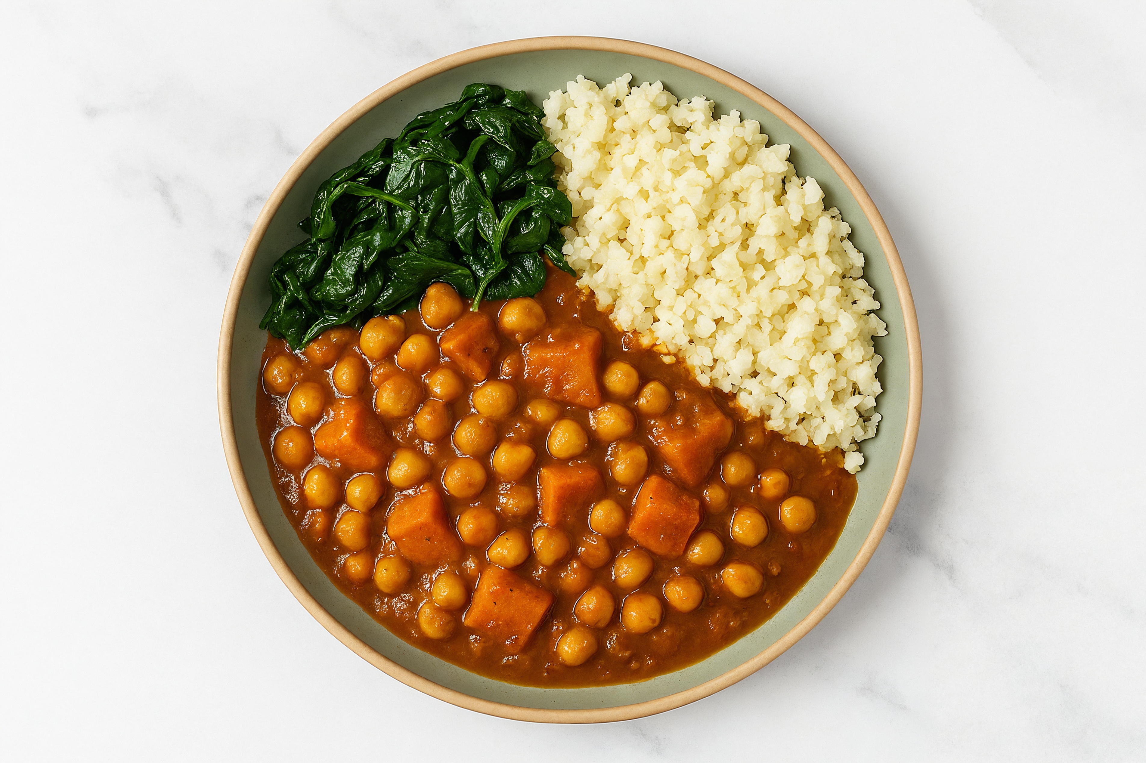 Japanese Sweet Potato Chickpea Vindaloo with Spinach + Cauliflower Rice