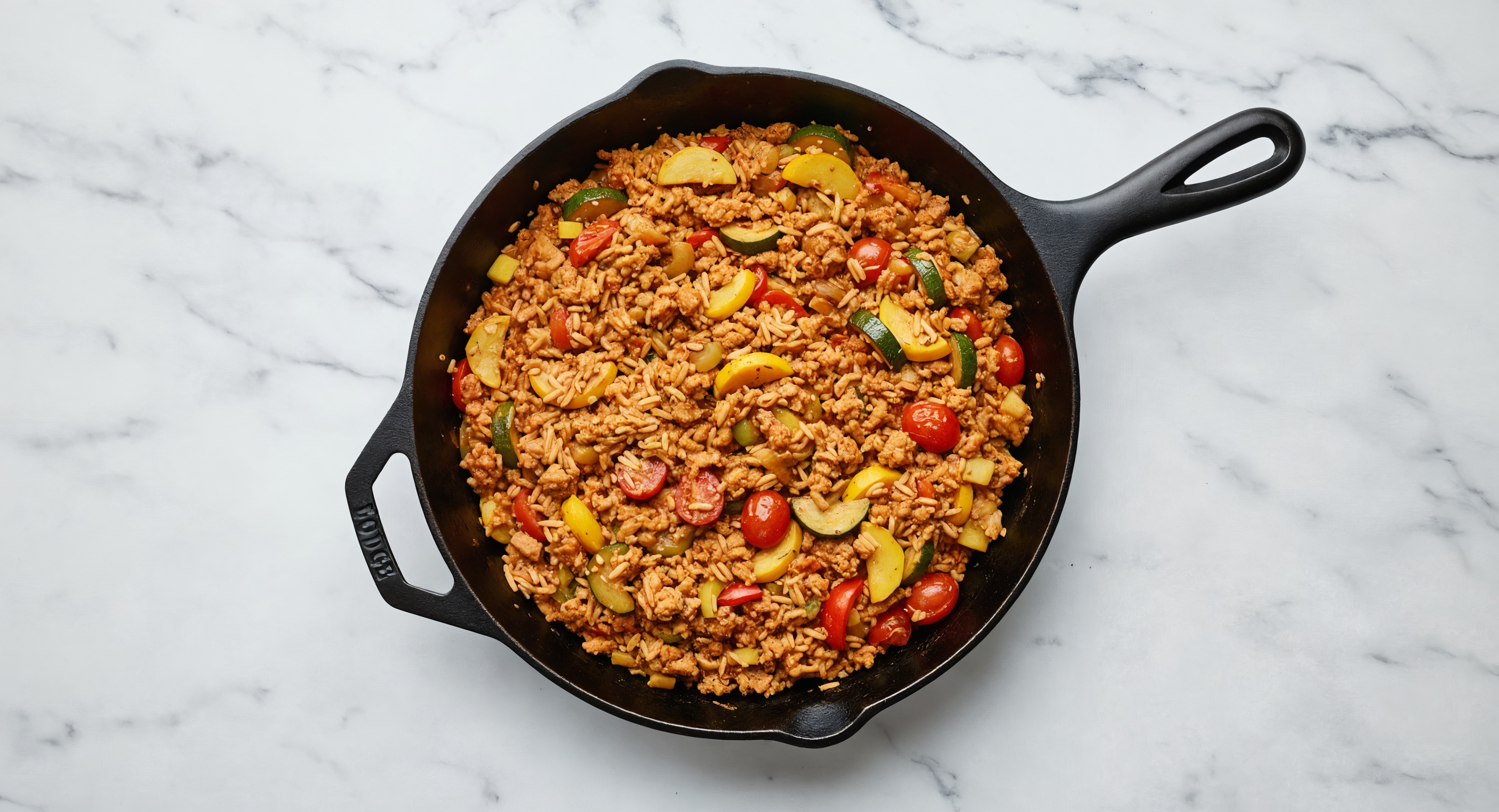 Sesame Ginger Squash + Ground Turkey Stir-Fry with Seasoned Jasmine Rice