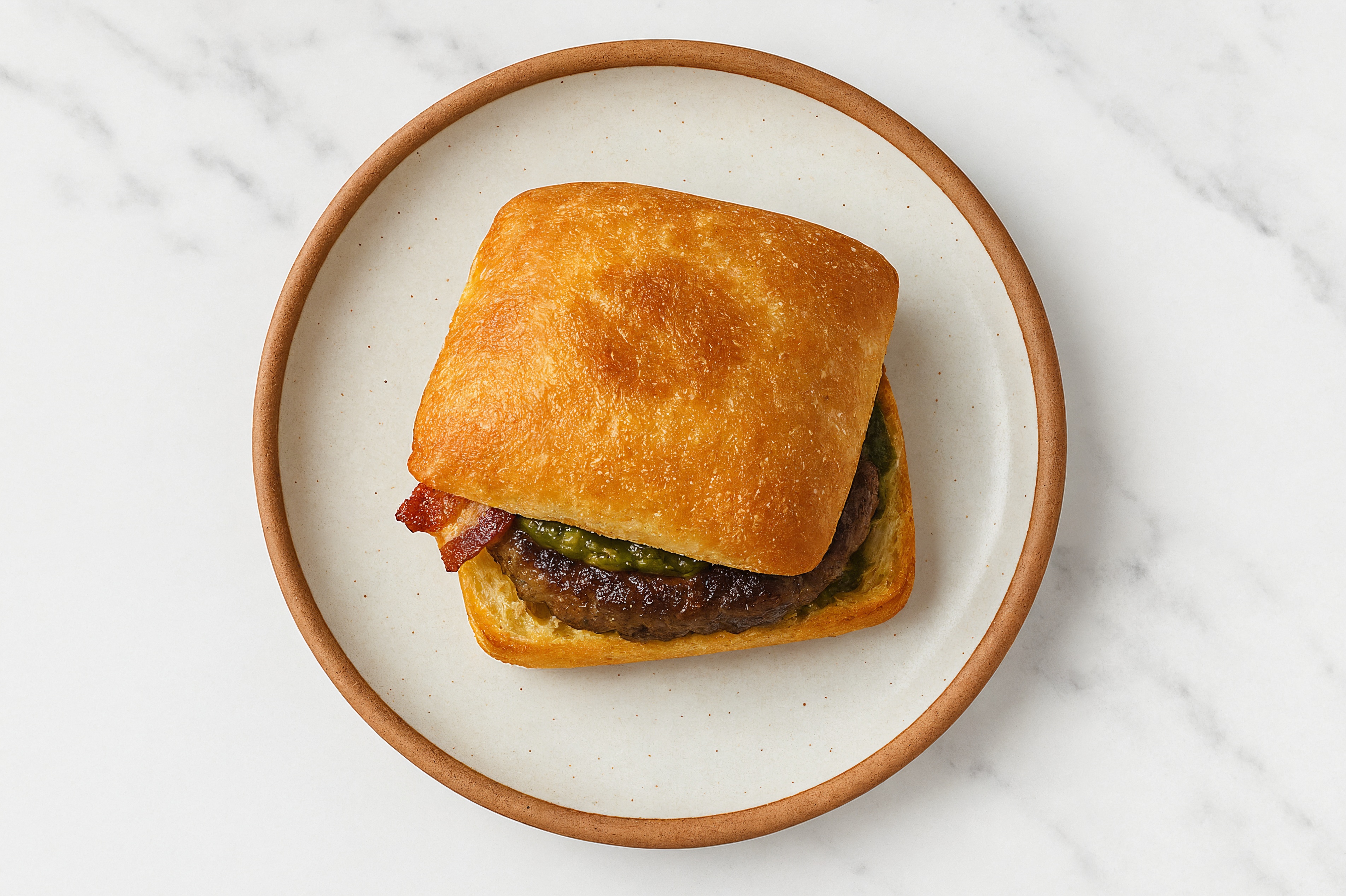 Lamb Burger on Ciabatta with Spinach Pesto & Applewood Smoked Pork Bacon
