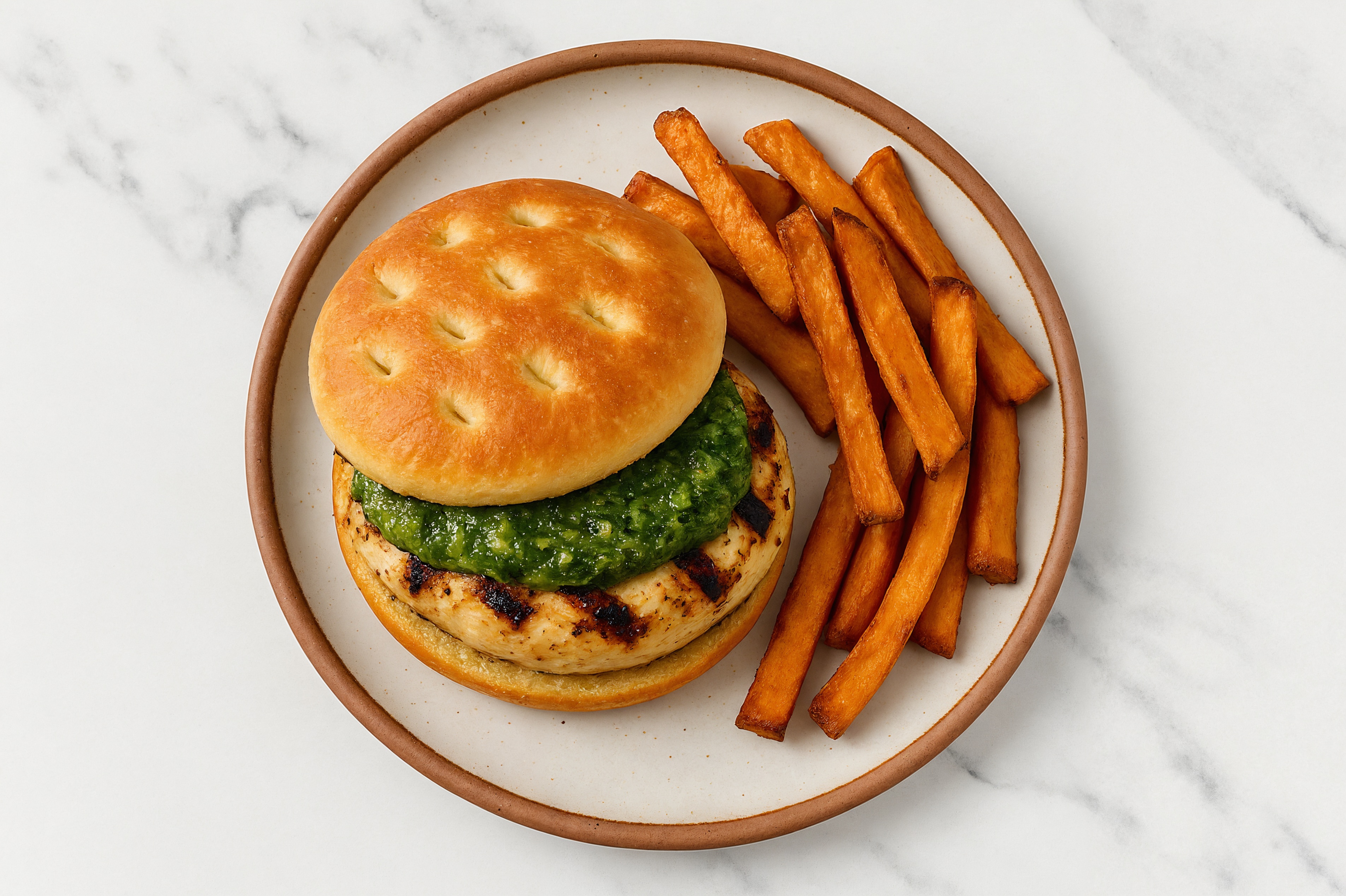 Herby Pesto Mediterranean Grilled Chicken Breast Sandwich with Sweet Potato Fries