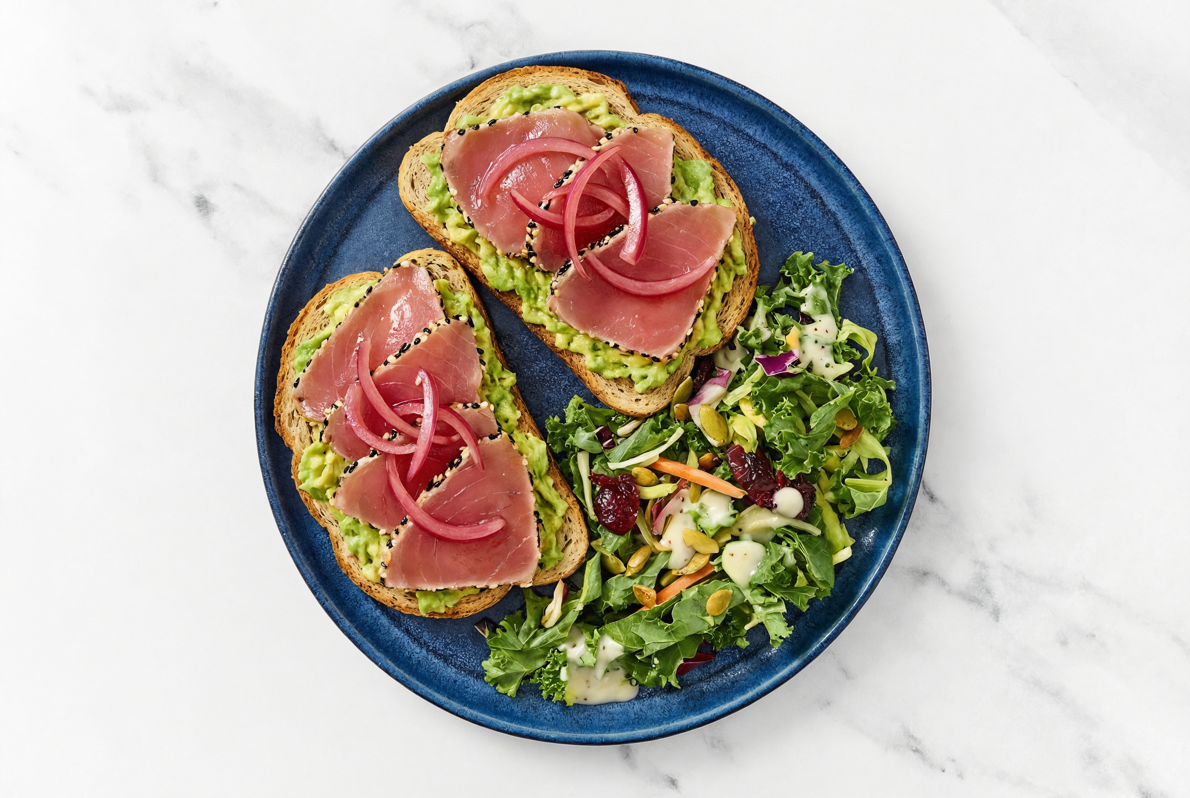 Open Face Avocado + Smoked Tuna Sandwiches with Pickled Onion Chopped Kale Salad Side