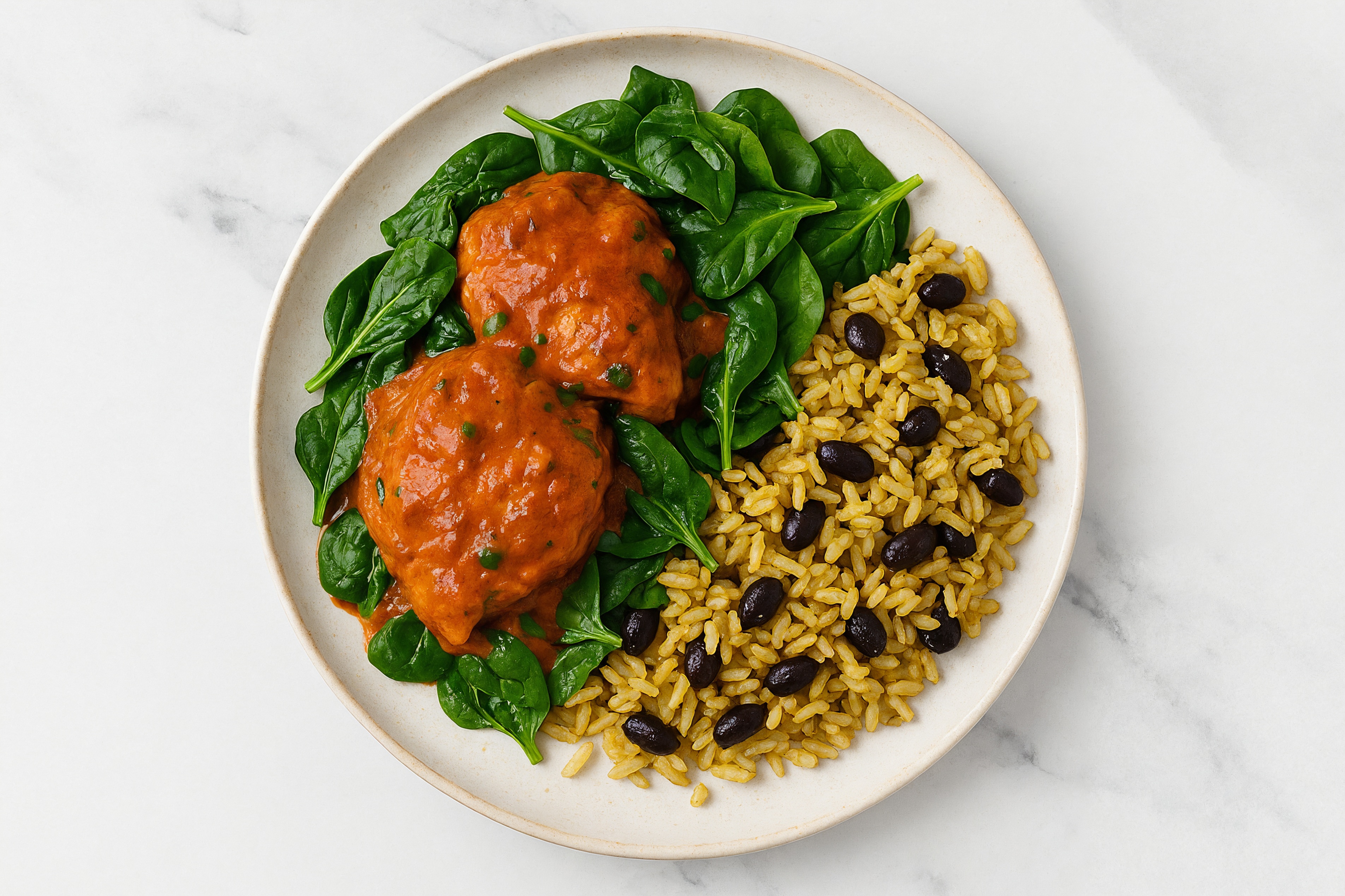 Creamy Chicken Tikka Masala with Rice with Beans + Sautéed Baby Spinach