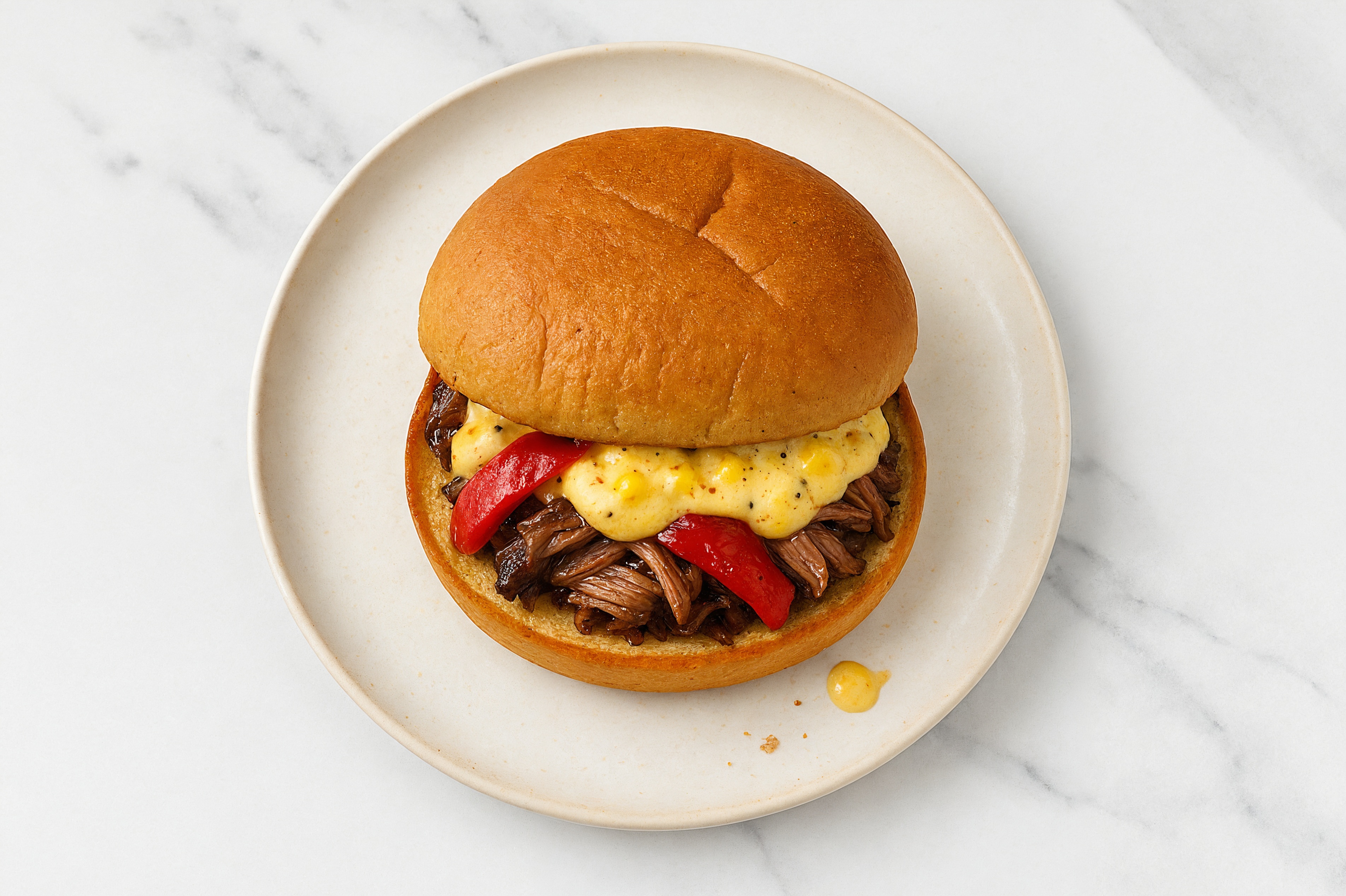 Street Corn Beef Short Rib Sandwich with Roasted Peppers on Gluten-Free Buns