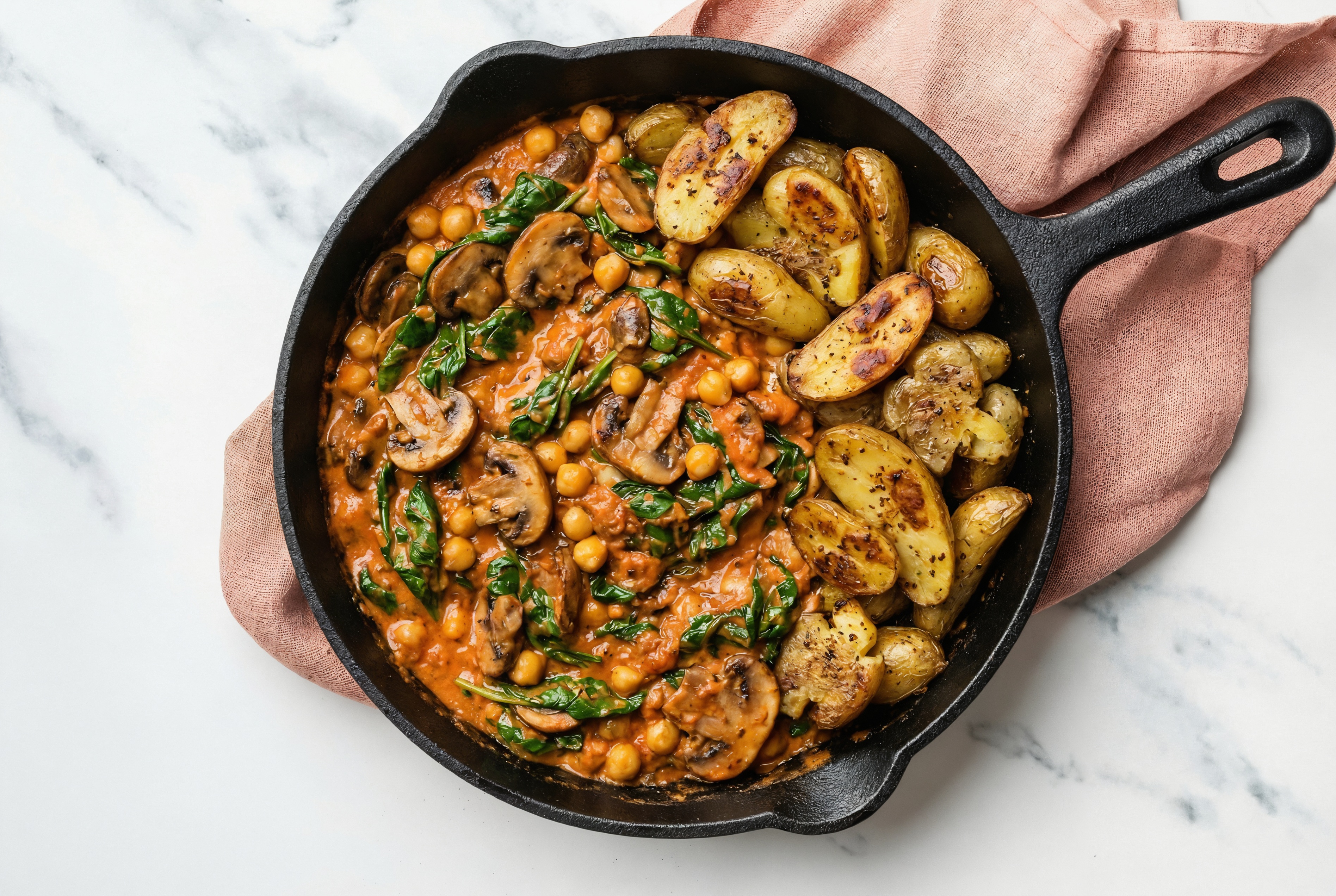 Vegan Rosa Sauce with Organic Spinach + Roasted Smashed Crispy Fingerlings