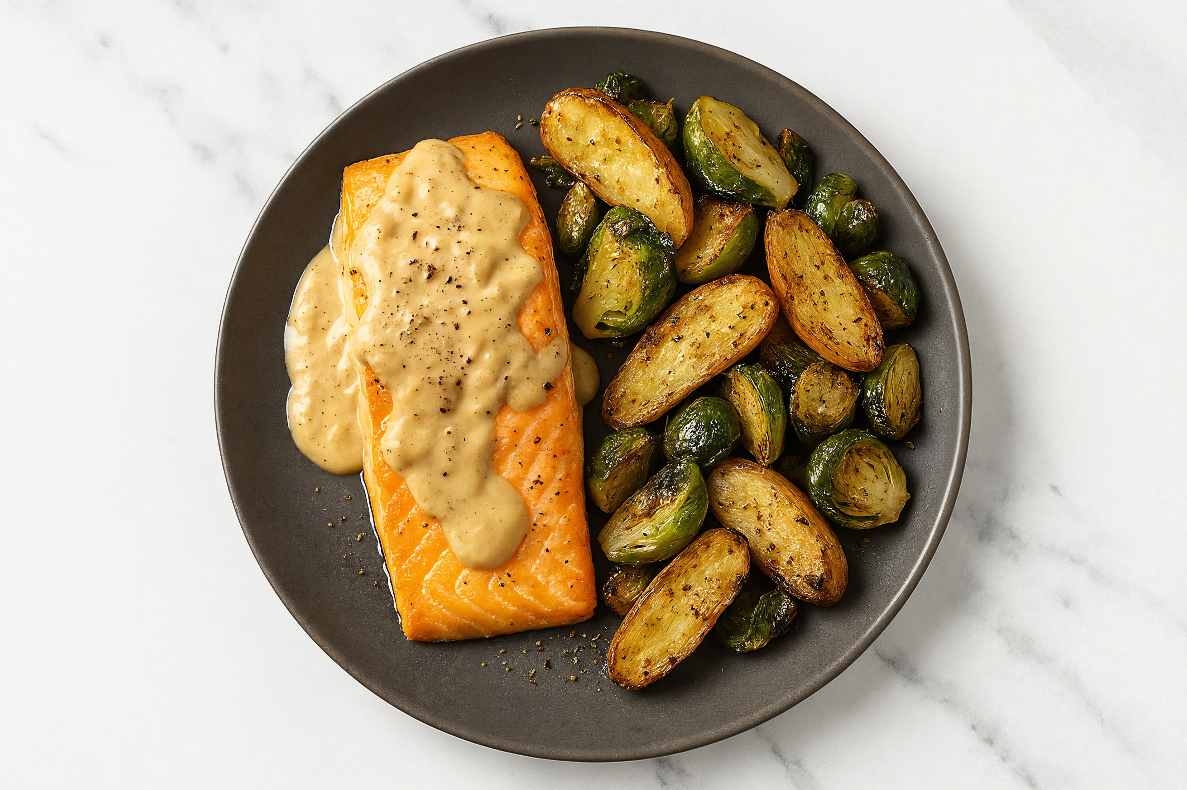 French Onion Salmon with Potatoes + Brussels