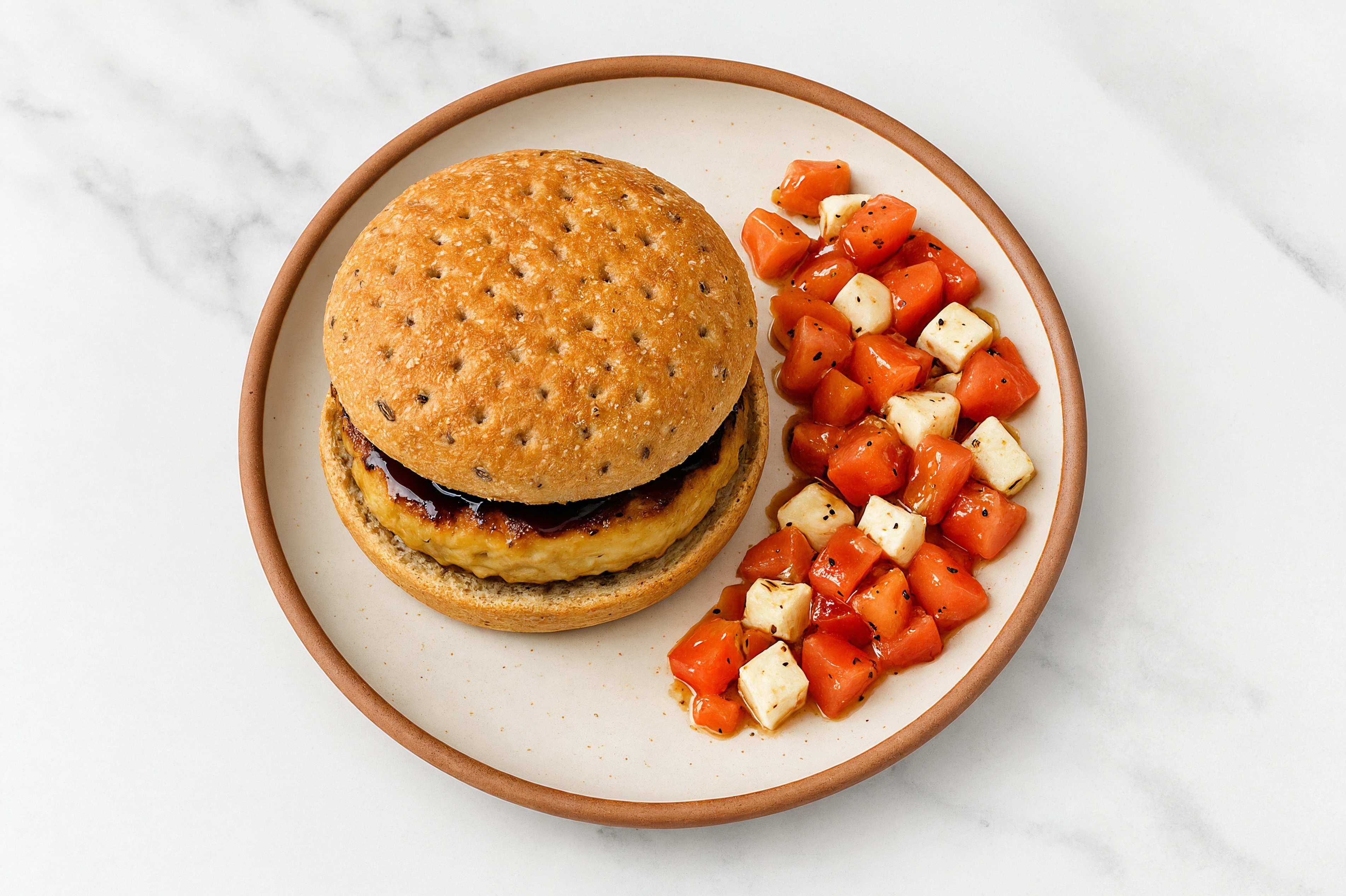  Balsamic Chicken Bacon Burger + Fresh Bruschetta with Mozzarella Ball