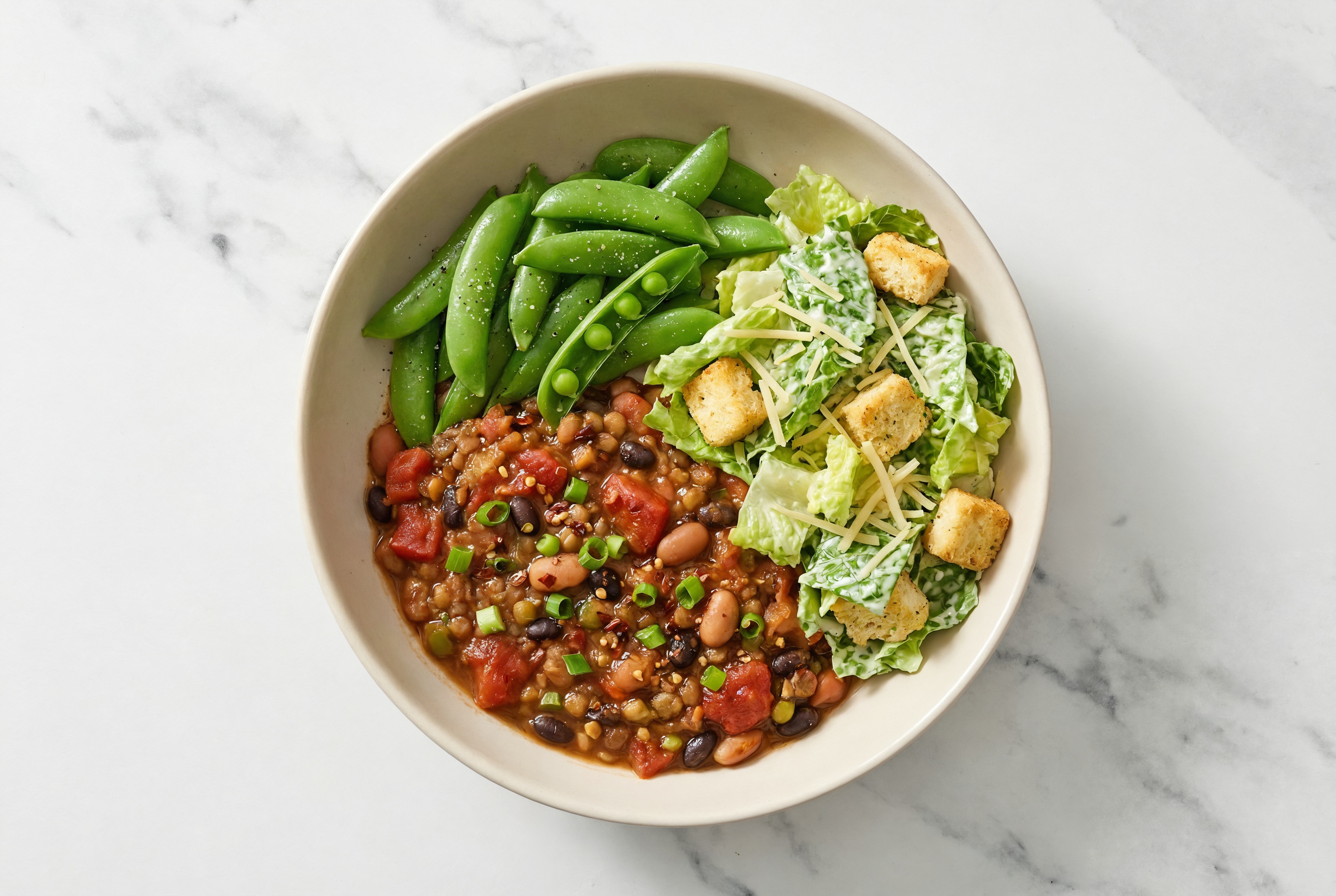 Homestyle Lentil Chili with Snap Peas + Caesar Salad
