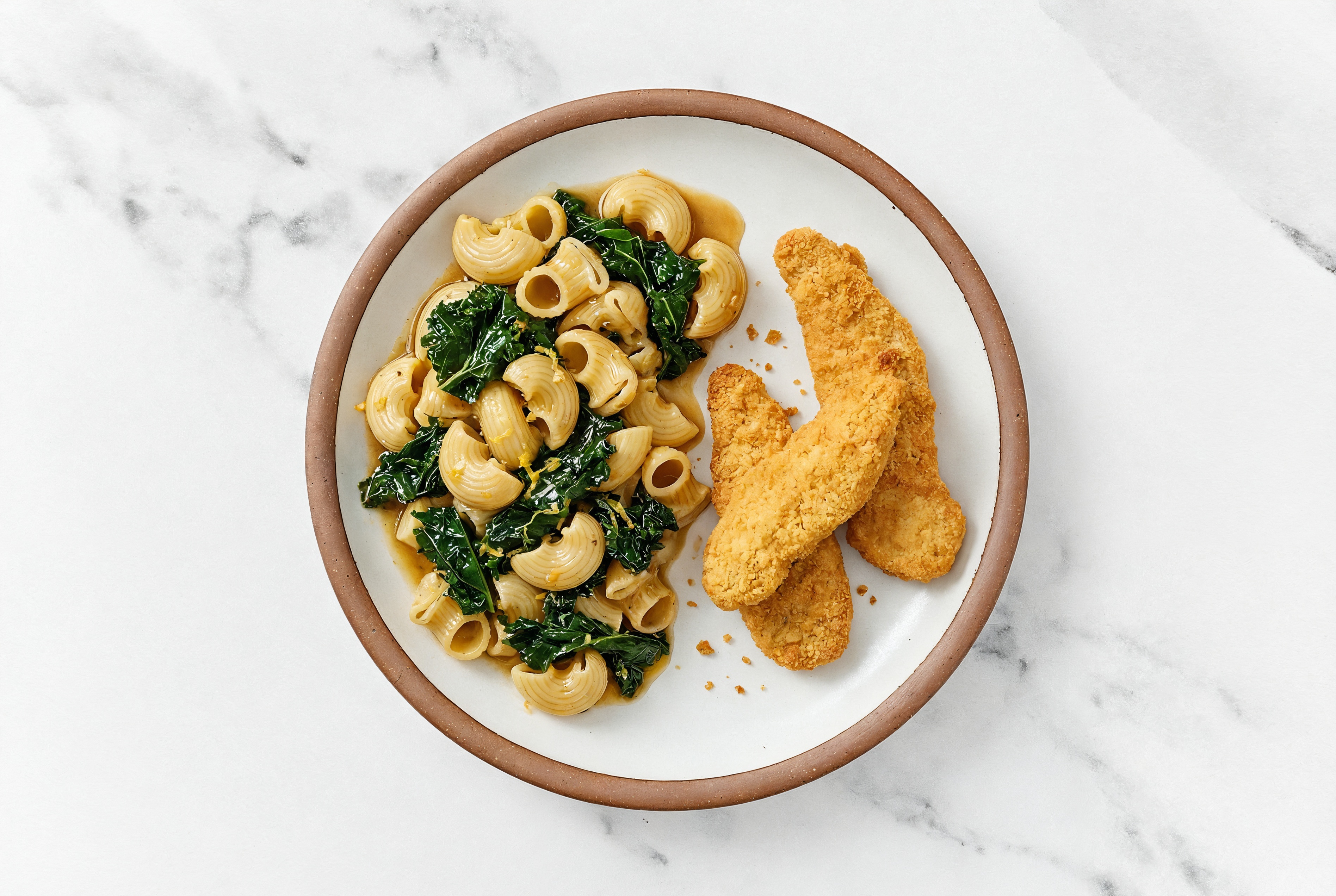 Chiocciole with Kale, Lemon + Plant-Based Chicken Tenders