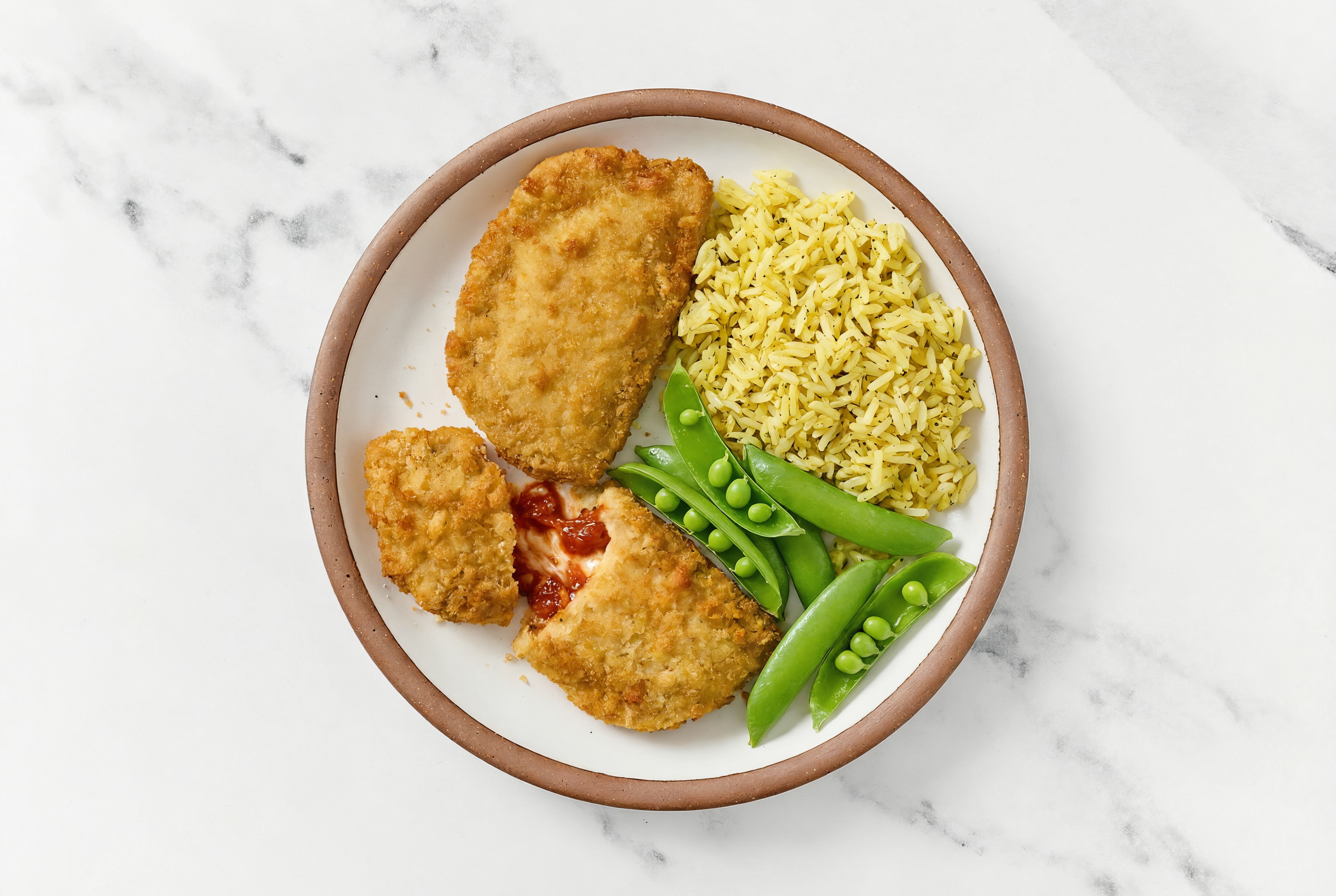 "Chicken" Parm with Snap Peas & Jasmine Rice