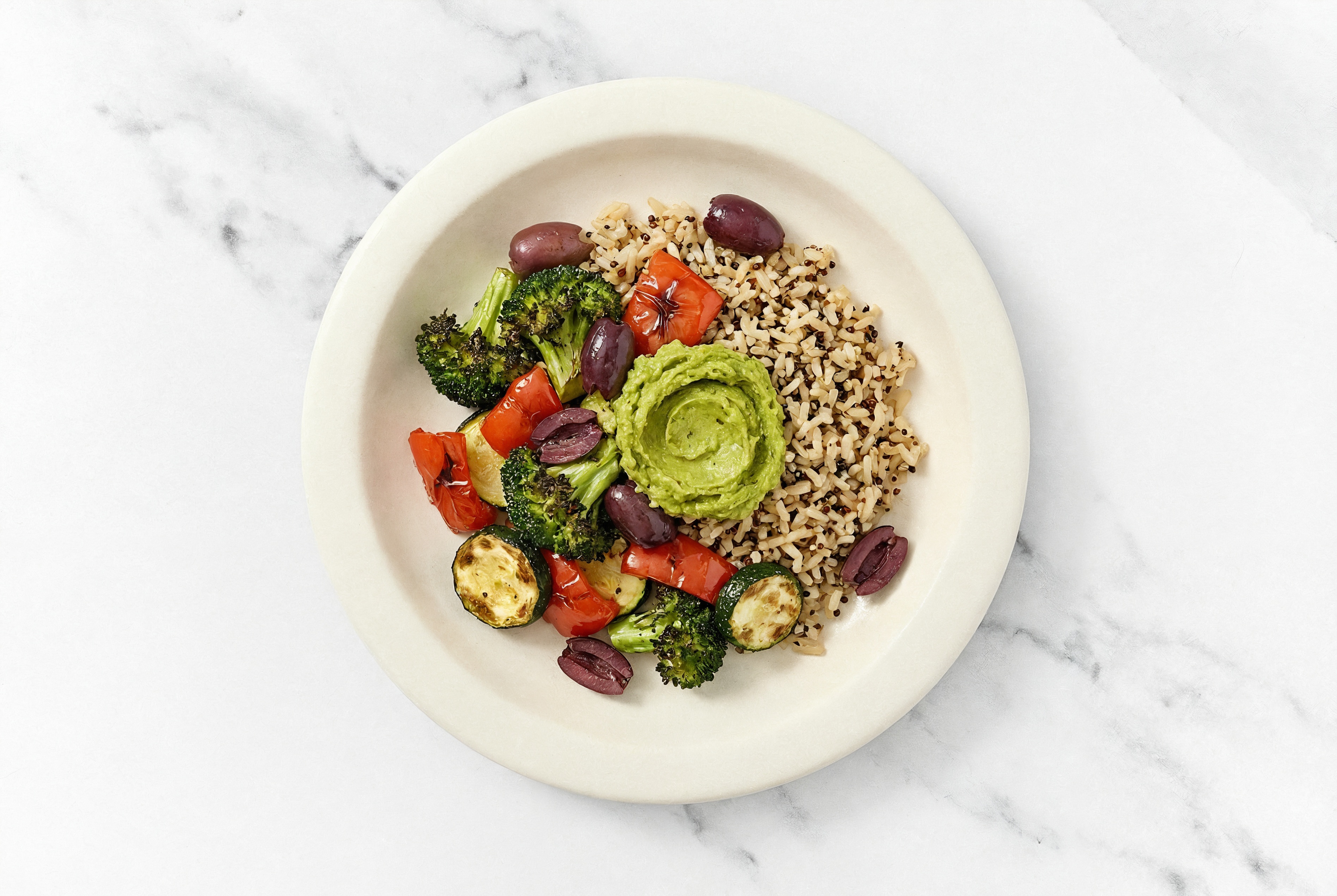 Savory Roasted Veggie + Guacamole Rice Bowl with Broccoli Florets