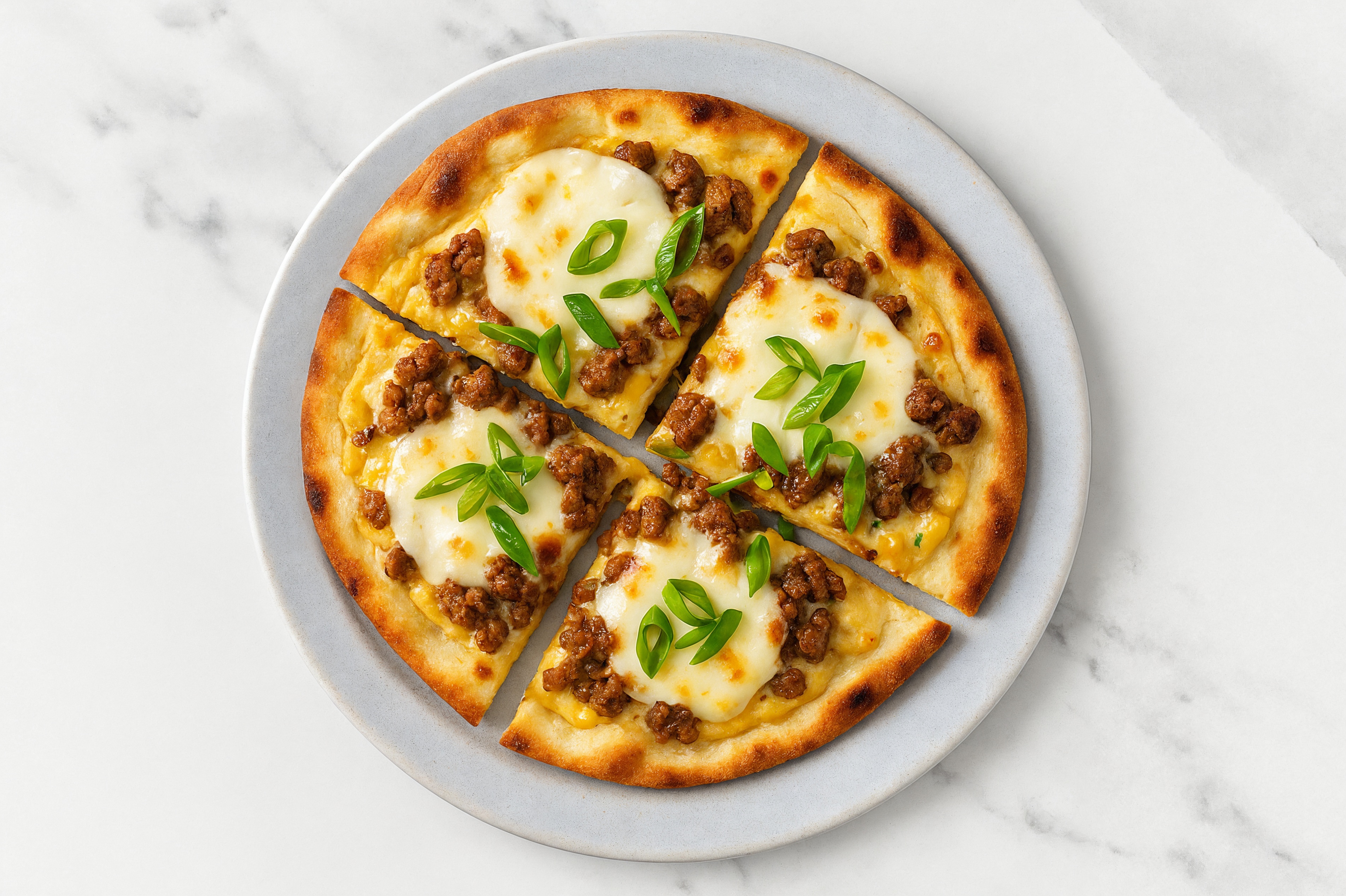 Street Corn Ground Beef Naan Pizza with Fresh Mozz + Fresh Scallions