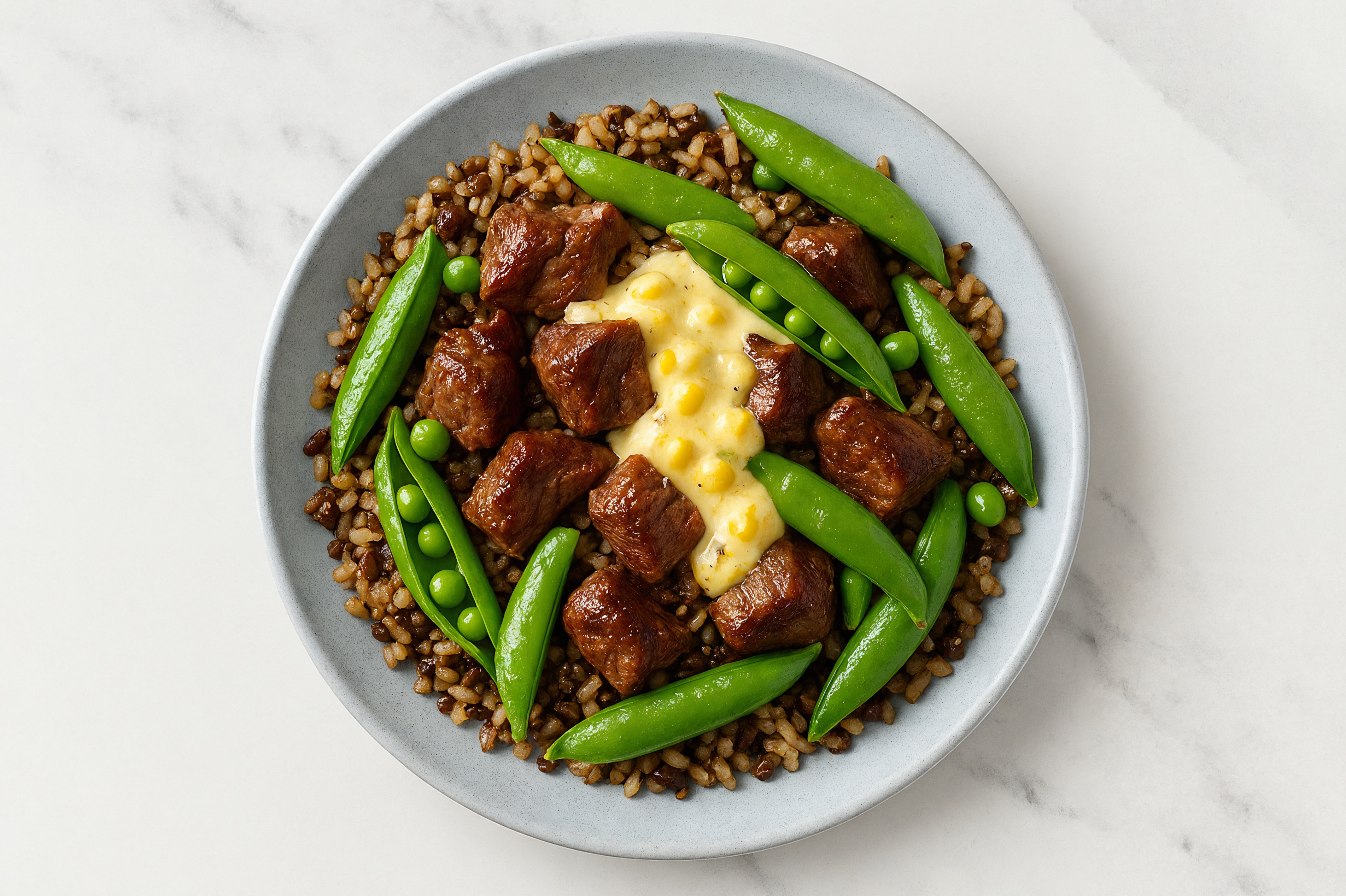 Street Corn Seared Lamb + Lentil Bowl with Snap Peas