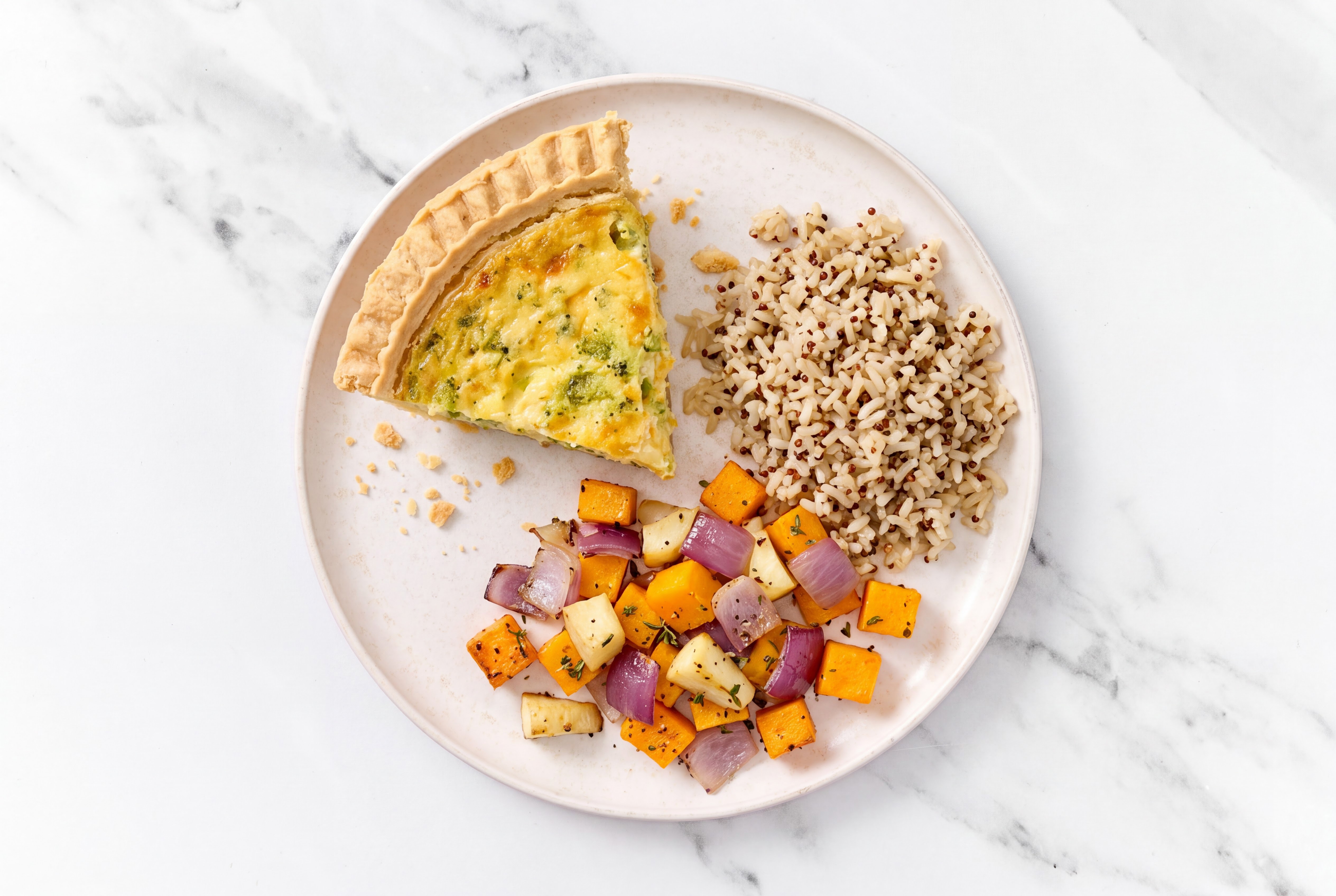 Broccoli & Cheddar Quiche with Roasting Veggies & Quinoa Blend