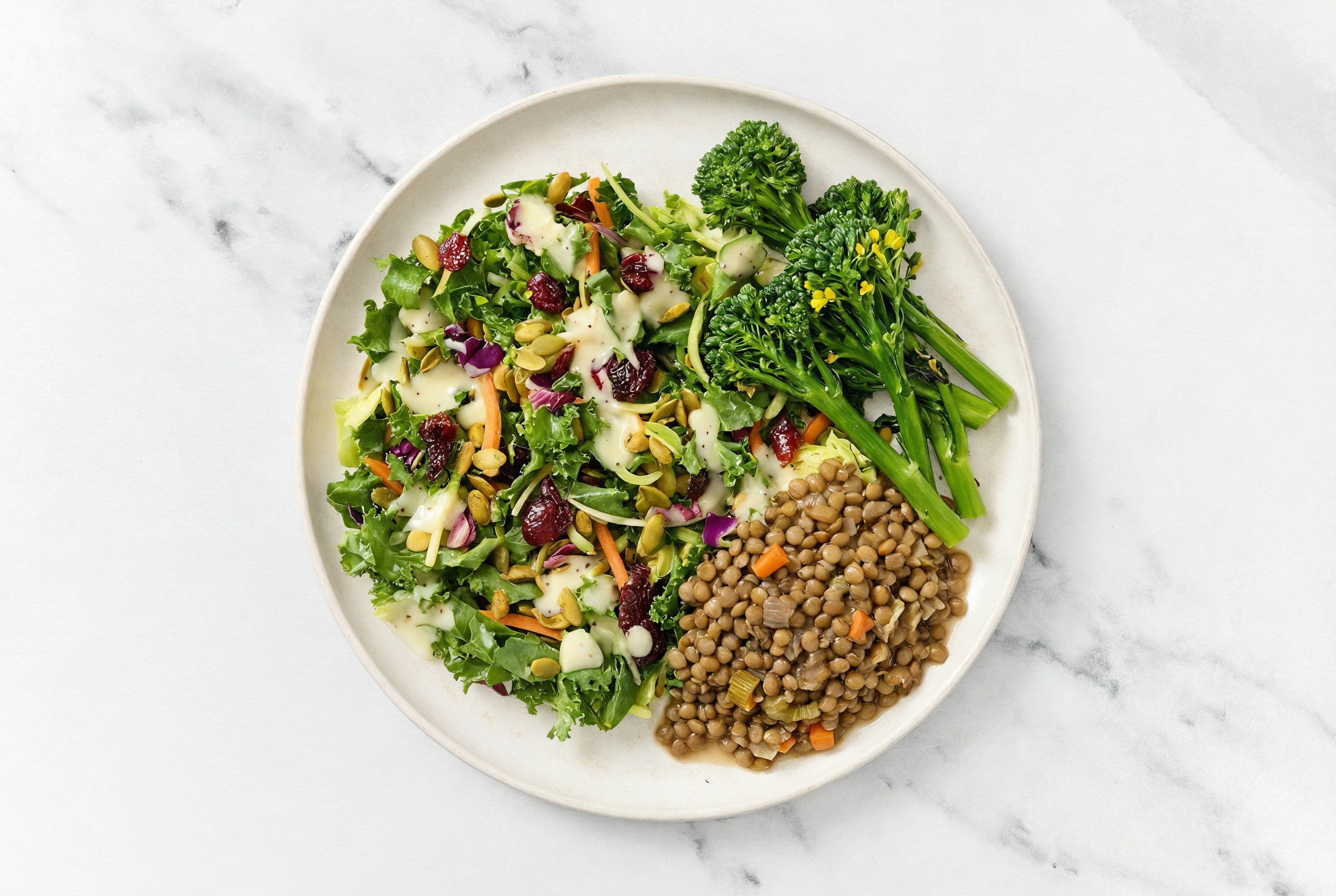 French Mirepoix Lentils with Baby Broccoli + Kale Salad