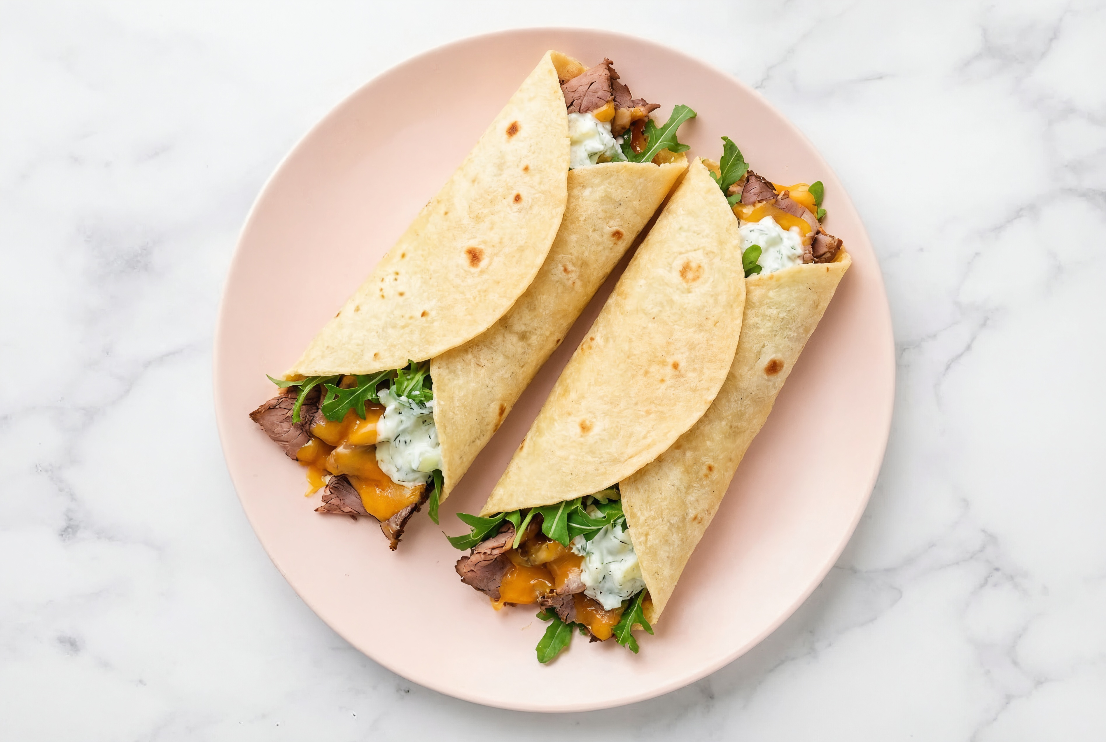 Creamy Roast Beef + Cheddar Tortilla Wraps with Arugula
