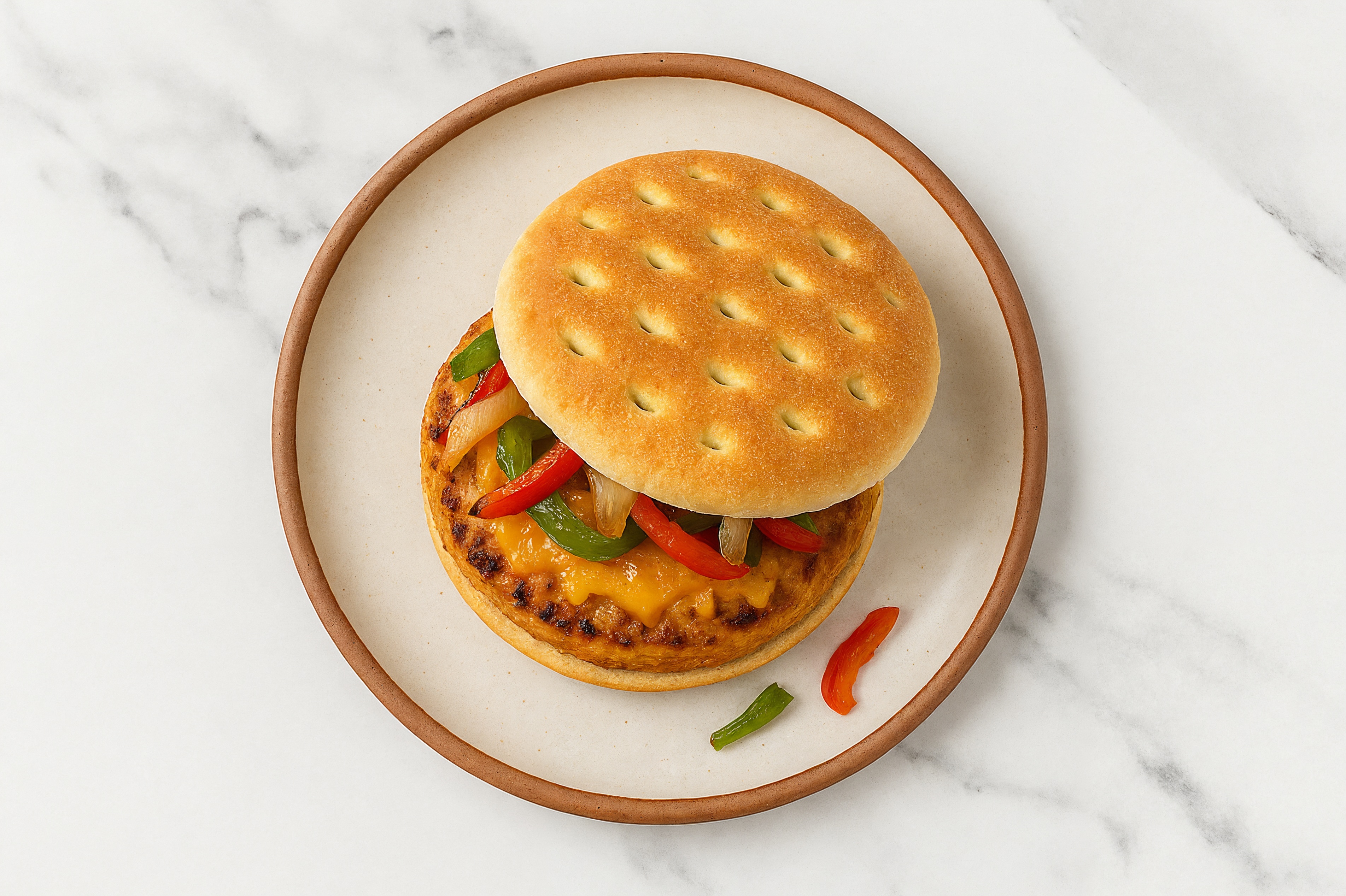 Savory Cheesy Southwestern Chicken Burger with Bell Pepper Onion Saute