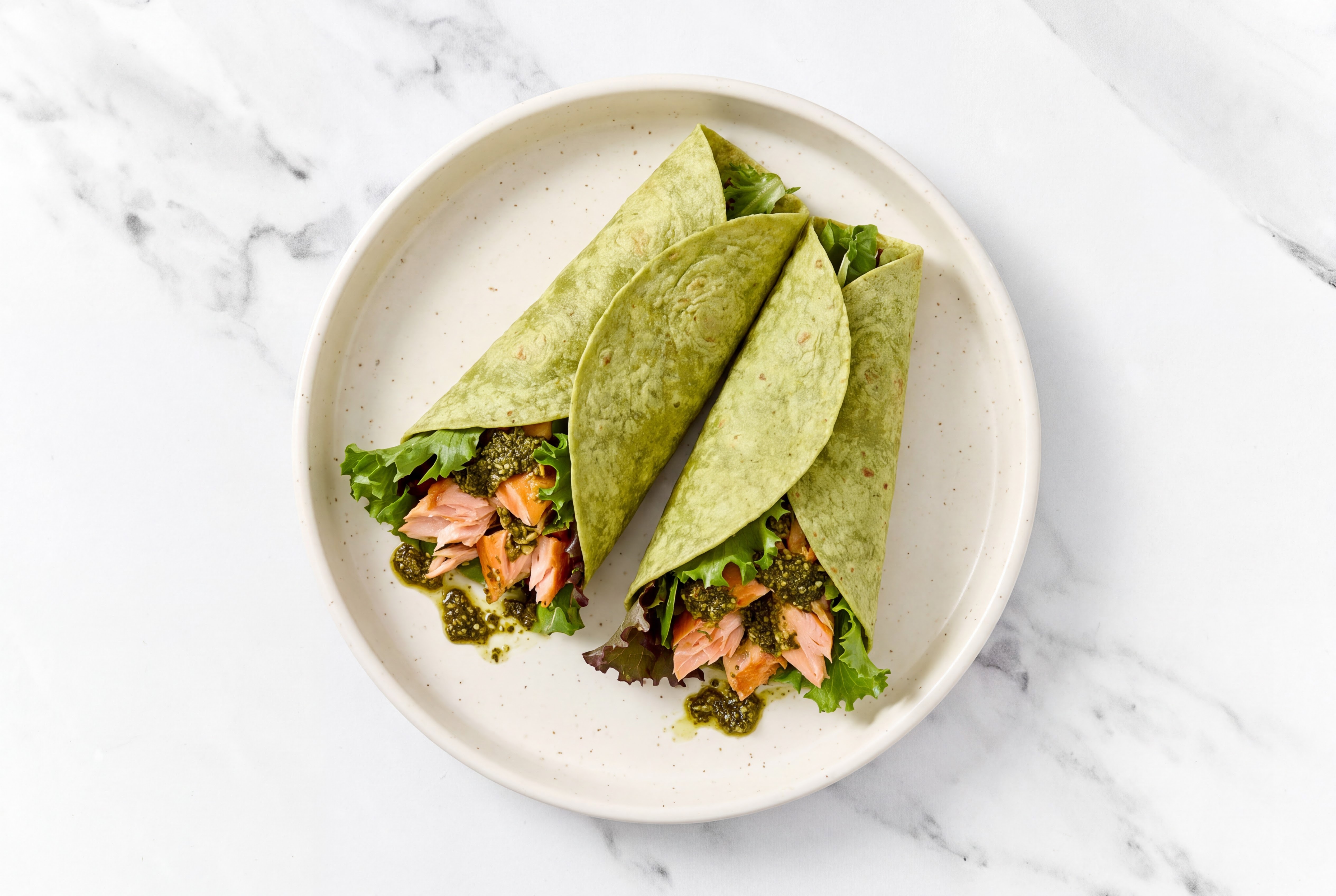 Spinach Hot Smoked Salmon Wrap with Basil Pesto