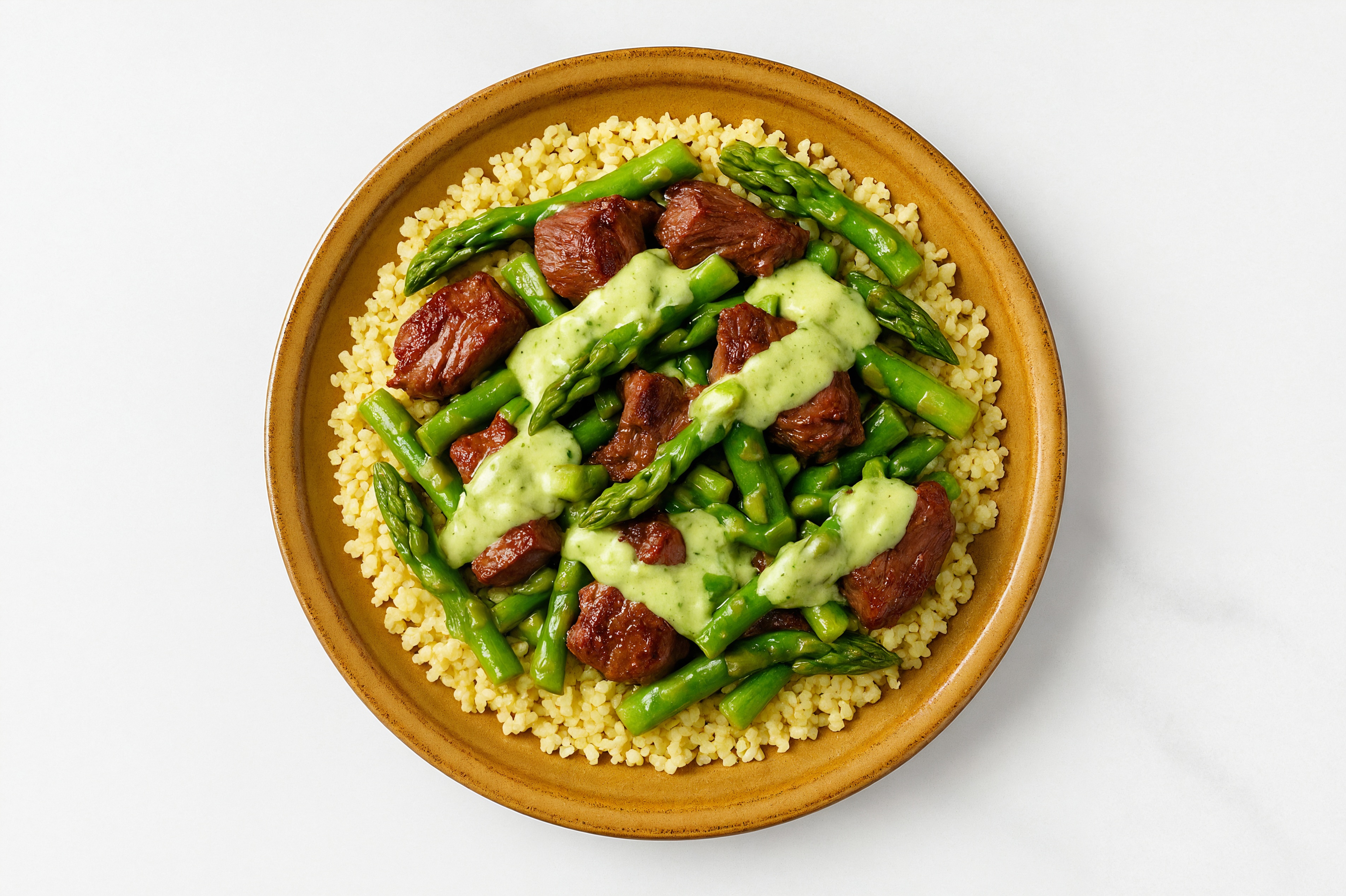 Herby Seared Lamb + Couscous Bowl with Baby Asparagus