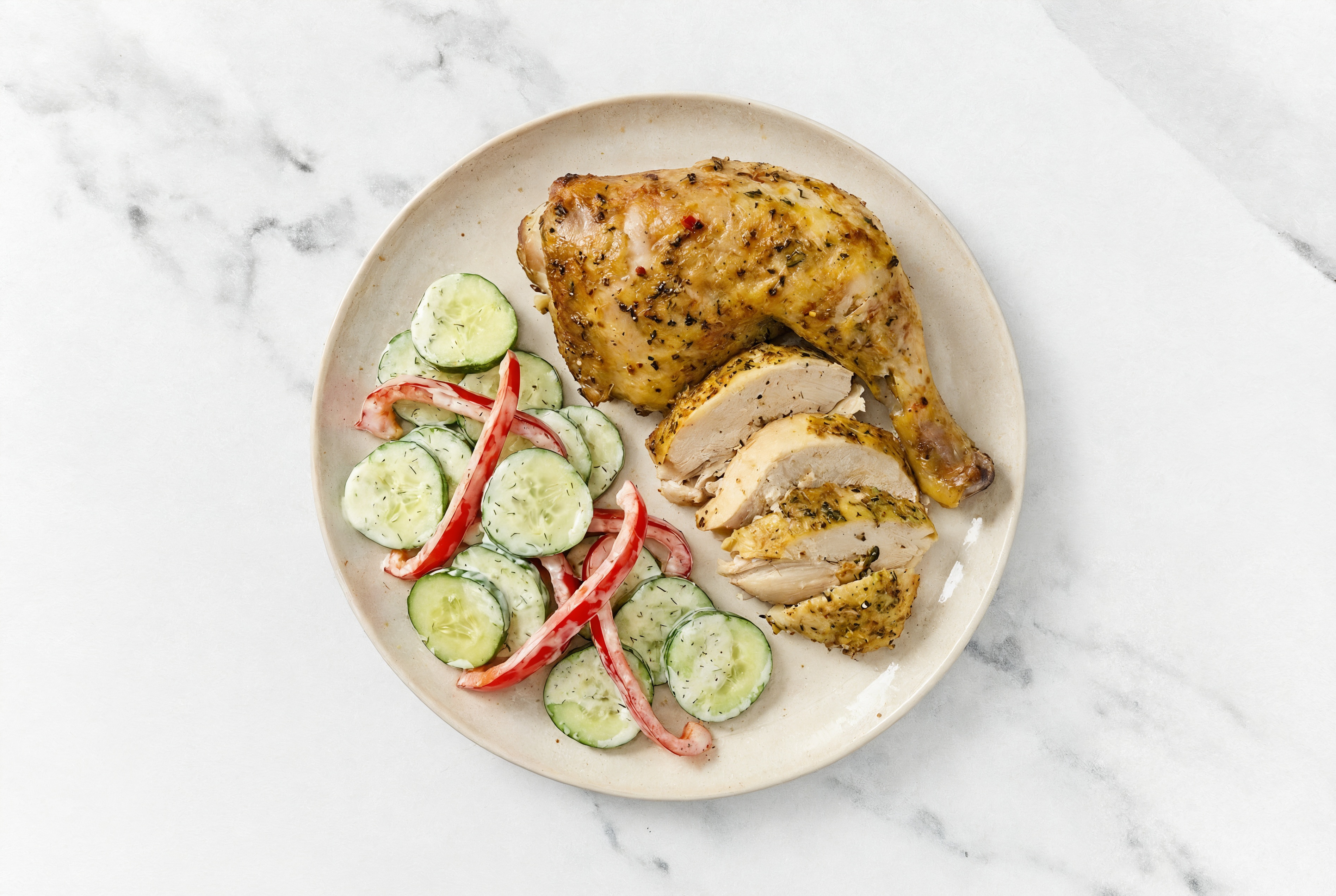 Juicy Lemon Chicken + Dill Cucumber Salad with Red Bell Pepper