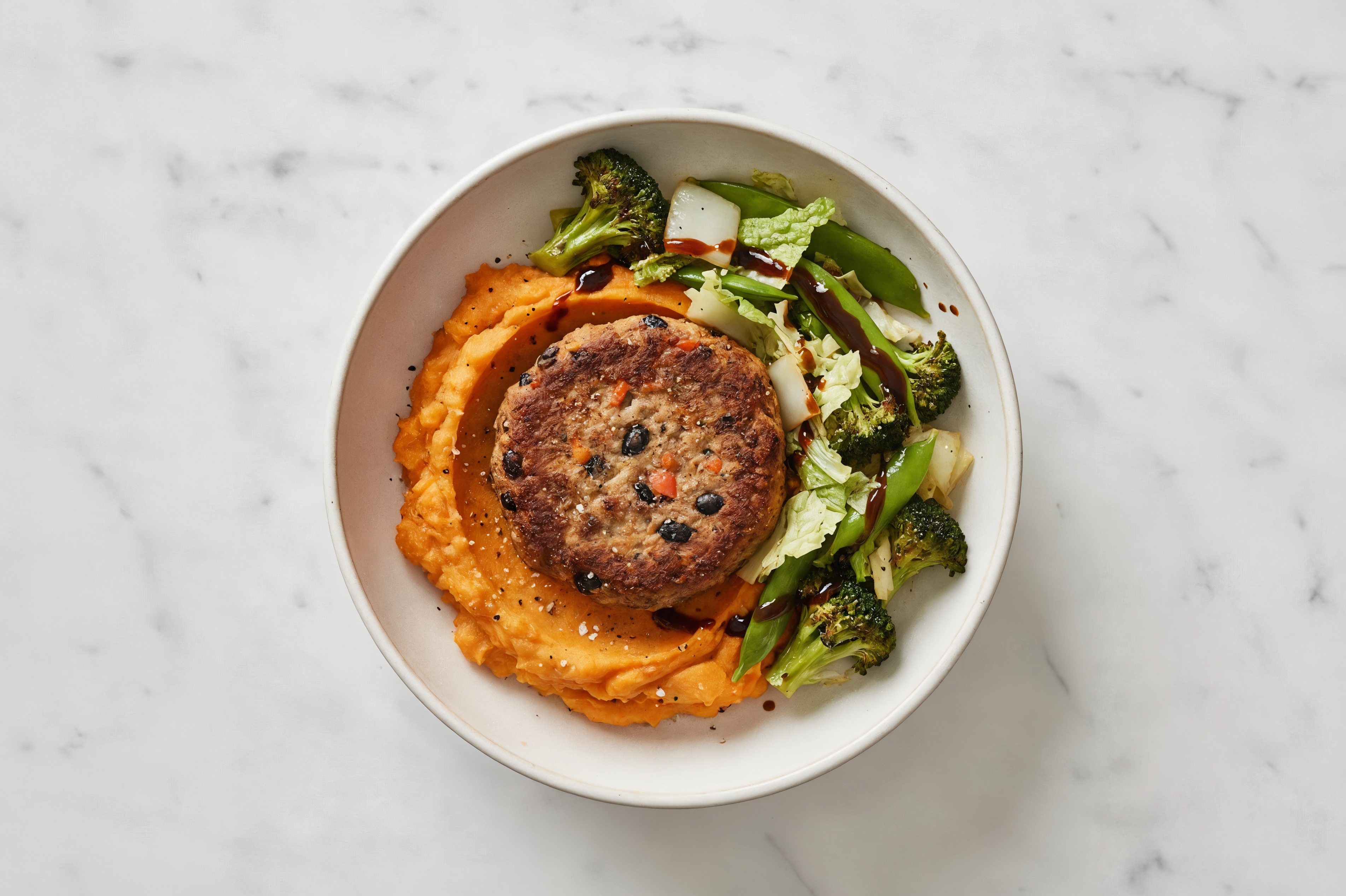 BBQ Bok Choy Saute over Mashed Sweet Potato + Black Bean Burger Bites