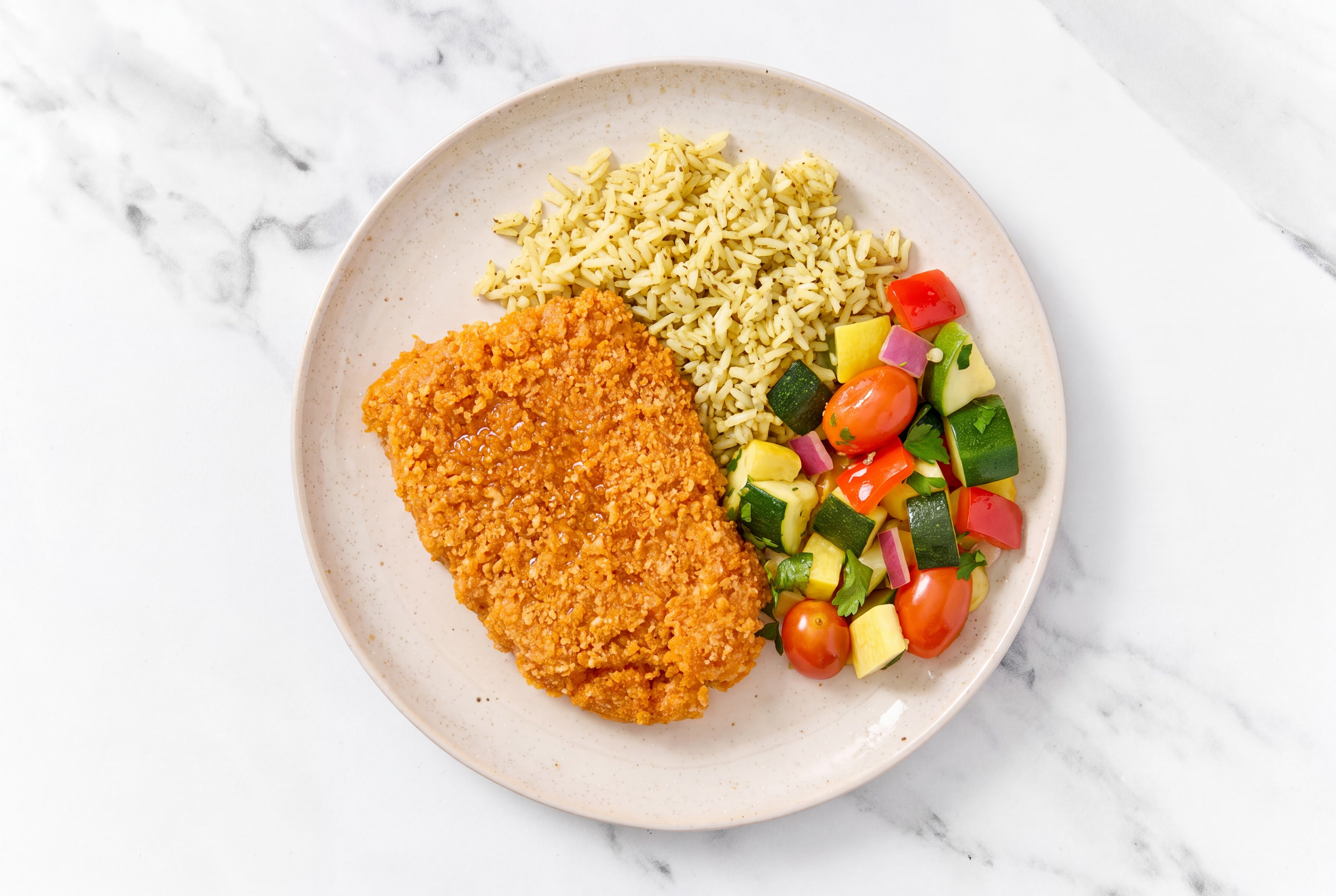 Hot Honey Breaded Chicken Cutlet with Squash Skillet & Jasmine Rice