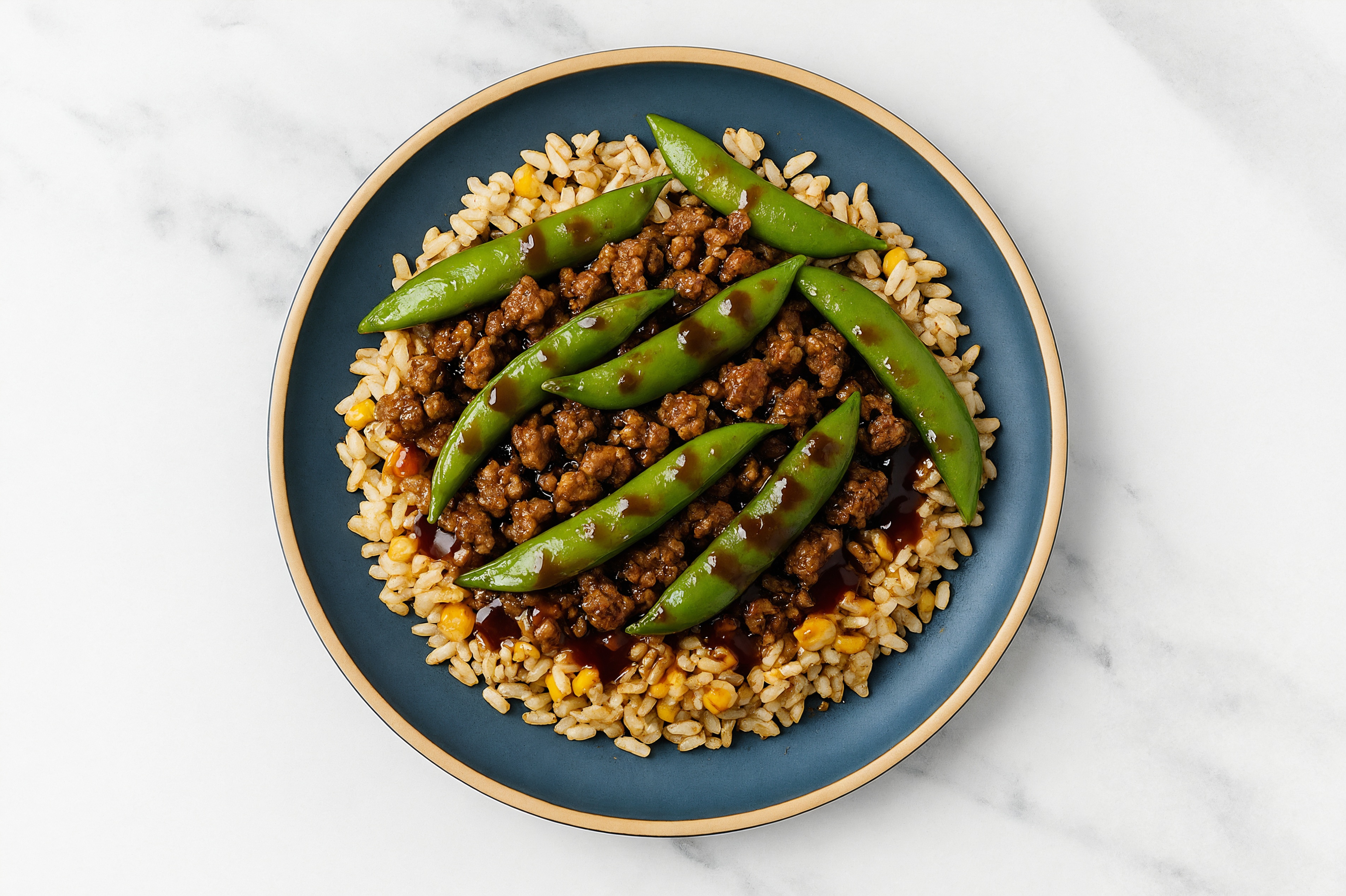 Sweet Teriyaki Ground Lamb + Corn Rice Bowl with Snap Peas