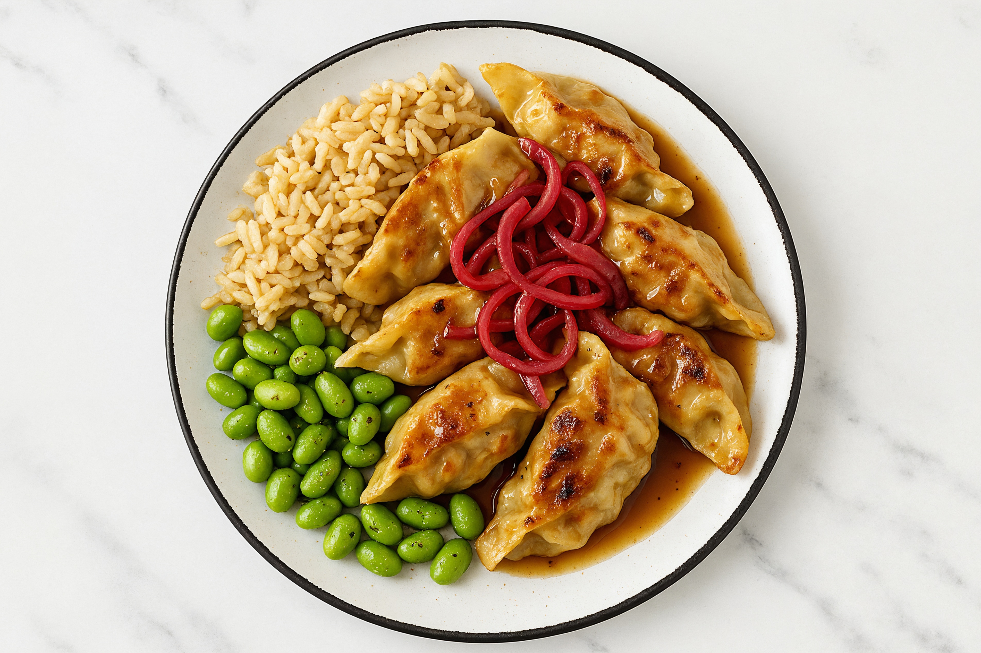 Sesame Ginger Vegetable Gyoza Dumplings + Edamame Grain Bowl
