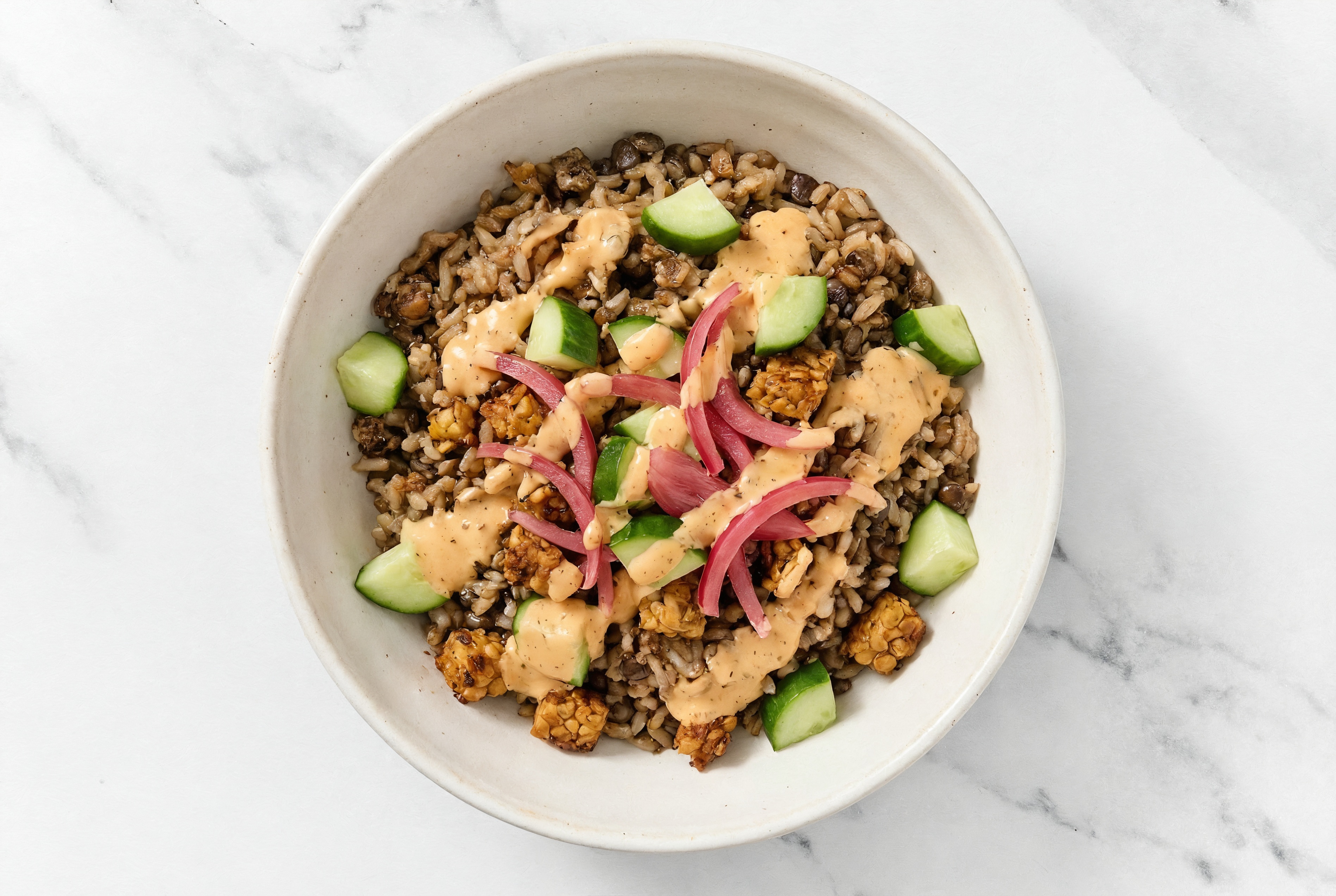 Mediterranean 'Tempeh'-Less Burger Bowl with Buffalo Ranch