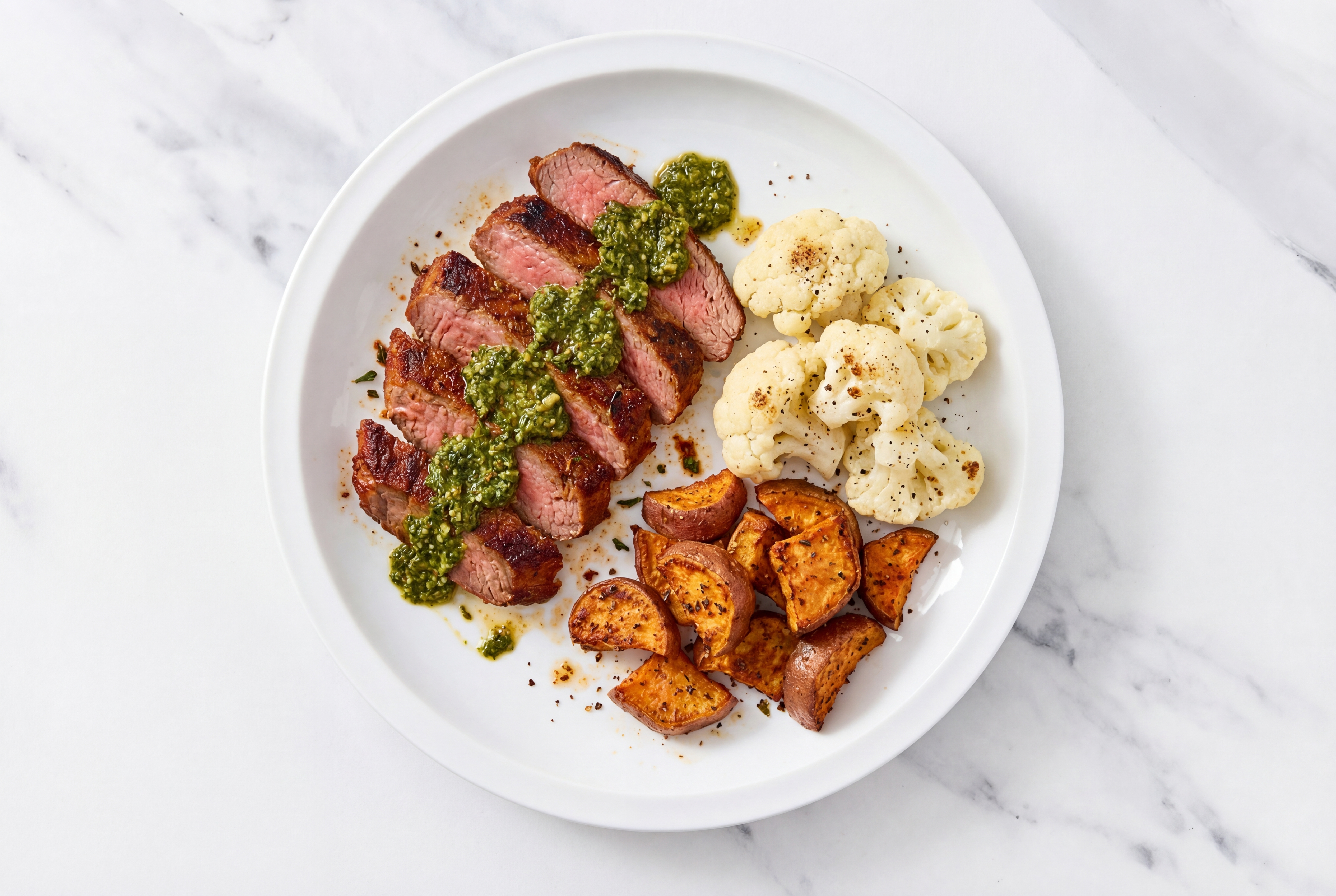 Kale Pesto Flank Steak with Sweet Potatoes & Cauliflower