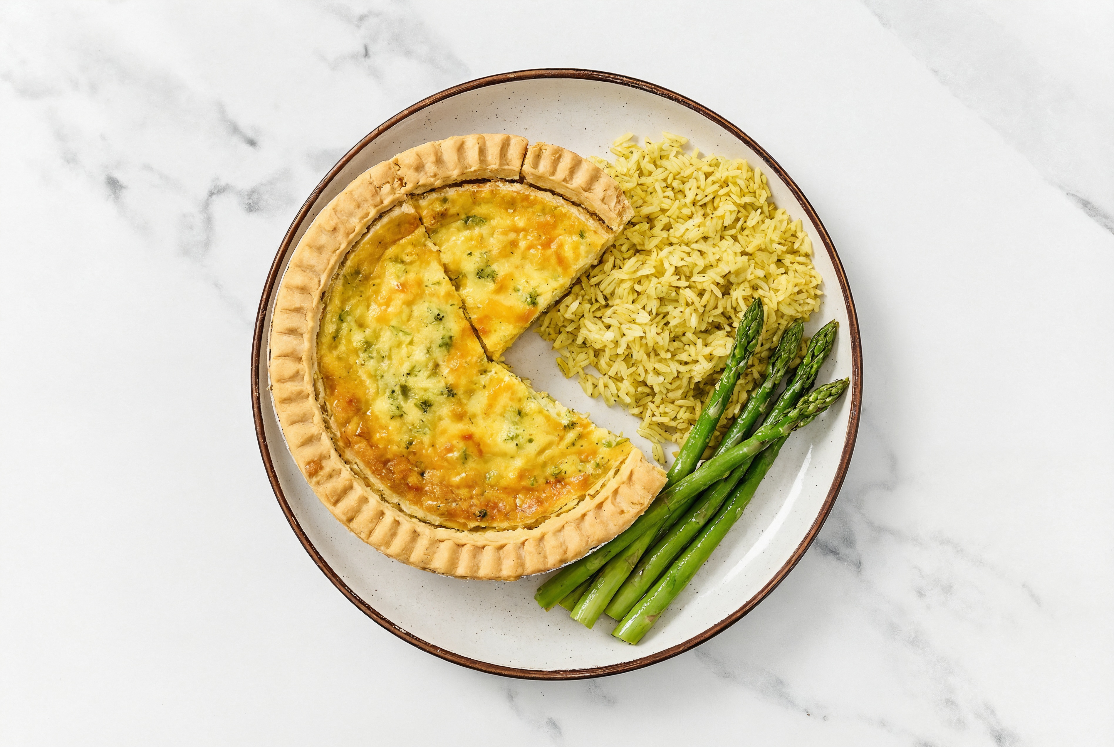 Broccoli & Cheddar Quiche with Asparagus & Jasmine Rice