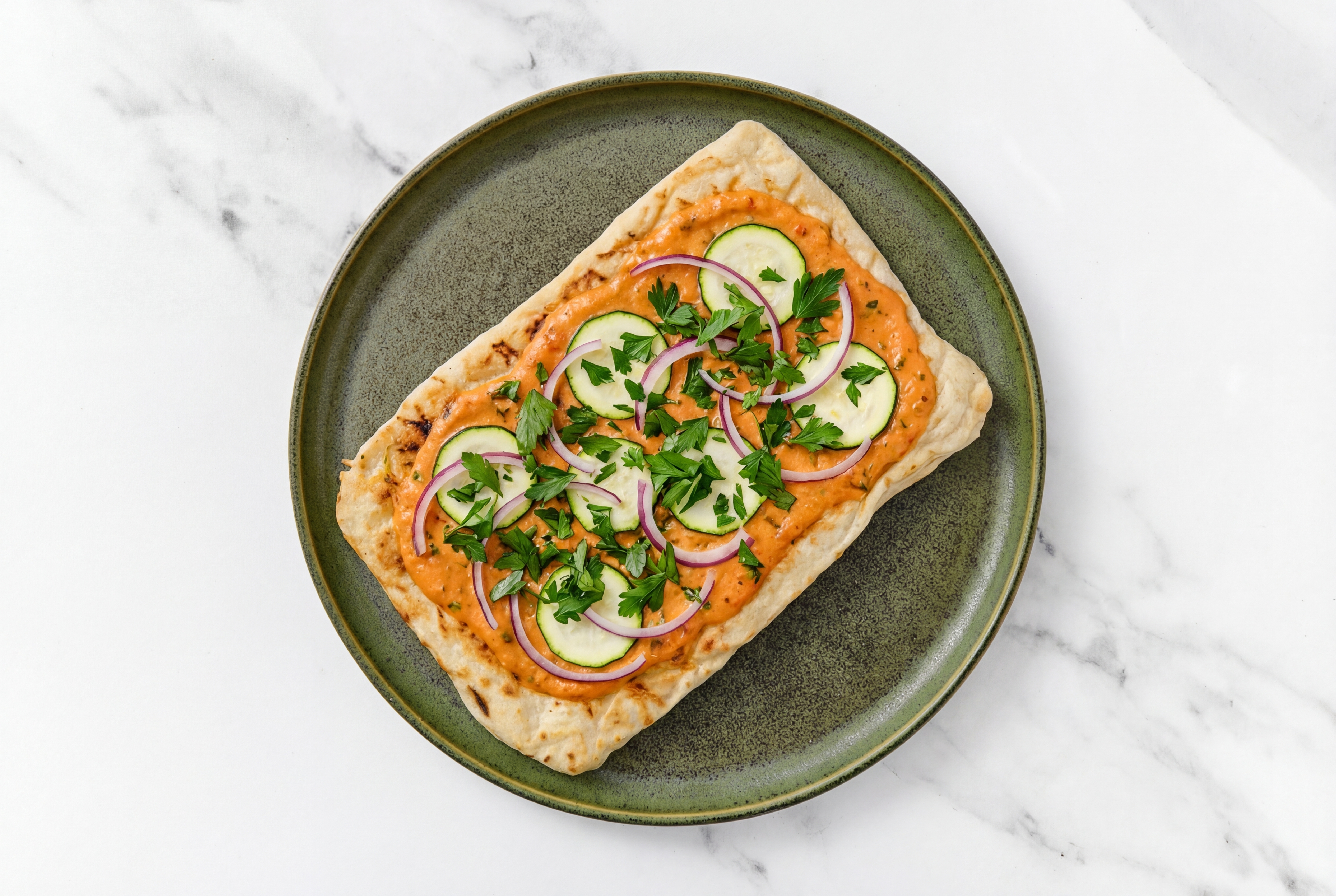 Savory Creamy Tomato Veggie Flatbread with Zucchini