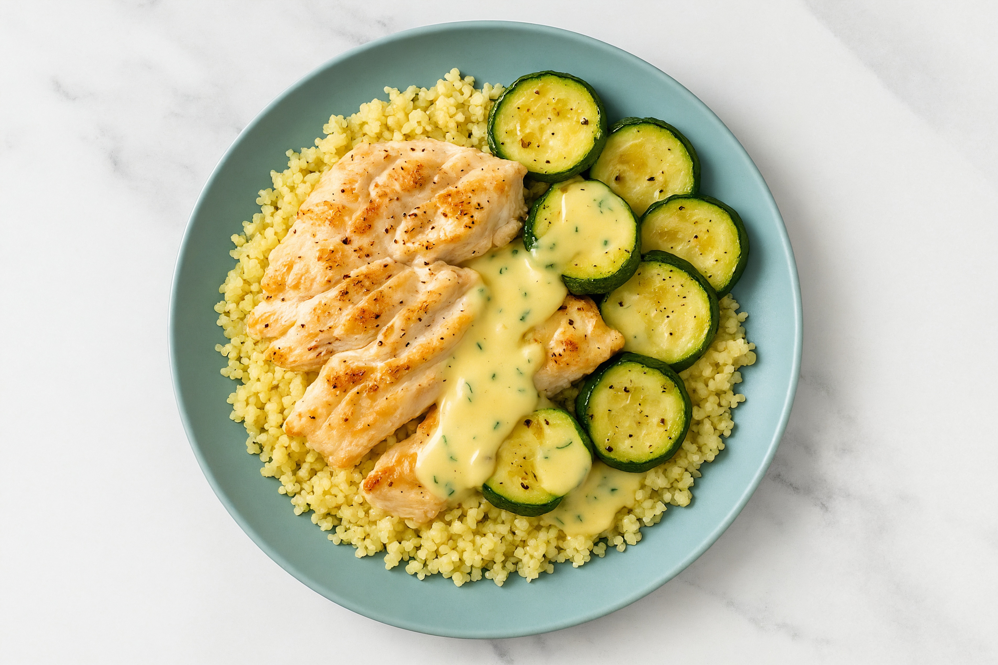 Herby Tahini Trout + Couscous Bowl with Fresh Zucchini