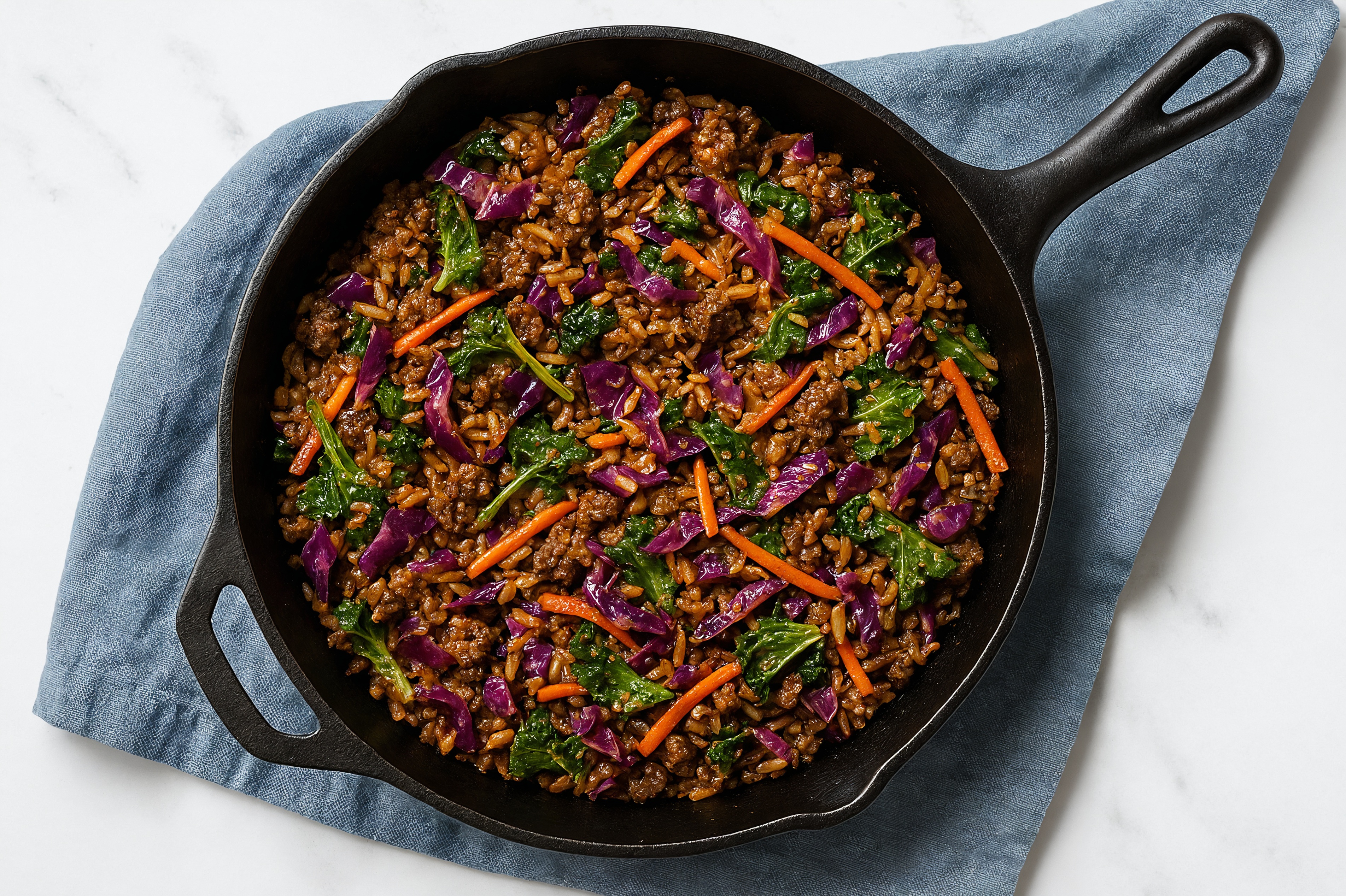 Herby Sesame Ginger Rainbow Veggie + Ground Beef Patties Stir-Fry