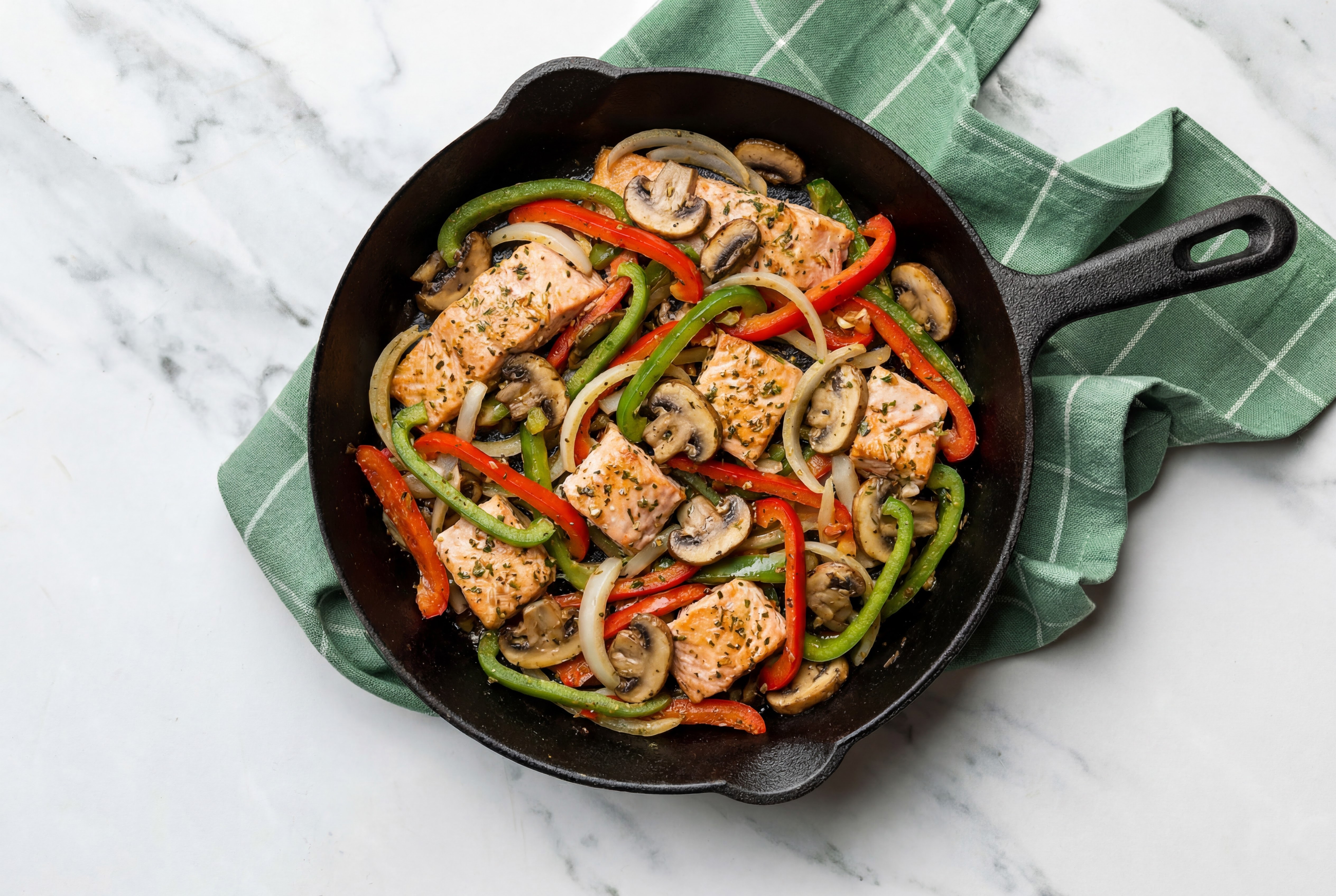 Salmon + Veggie Skillet with Bell Pepper Onion Saute