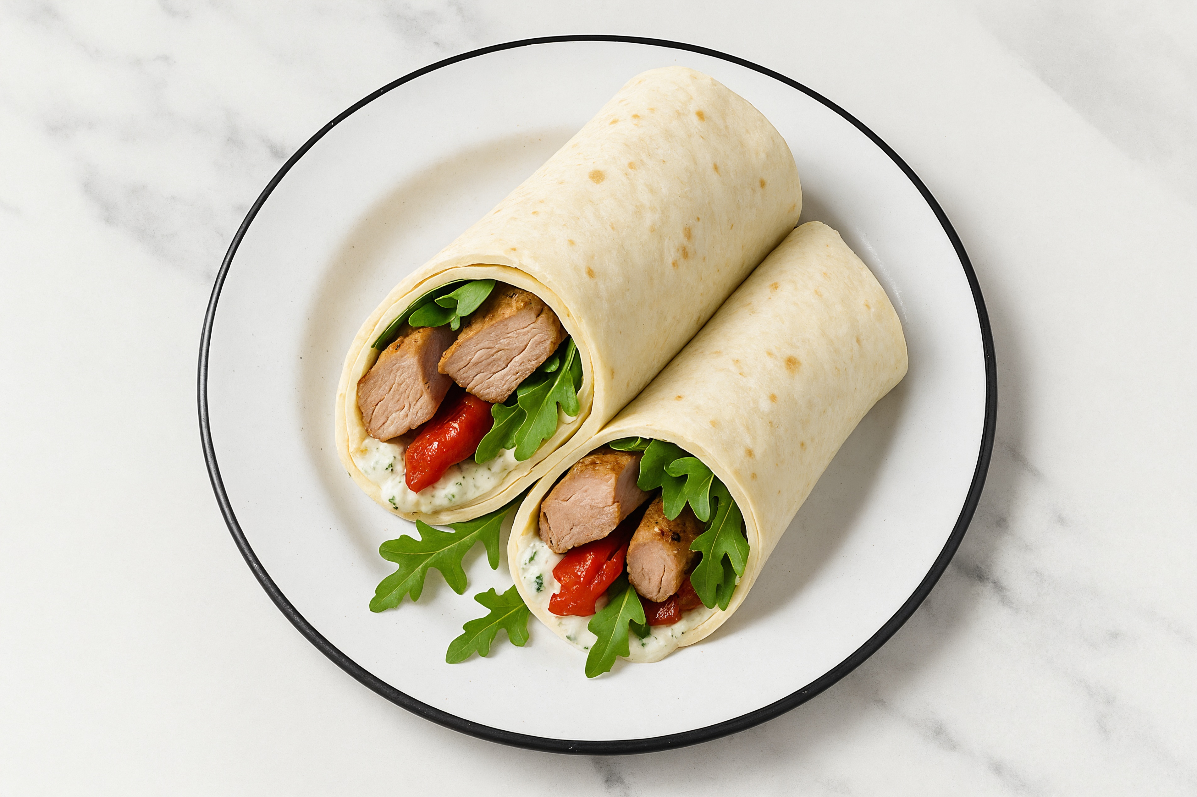 Creamy Pork Tenderloin + Roasted Pepper Wraps with Arugula