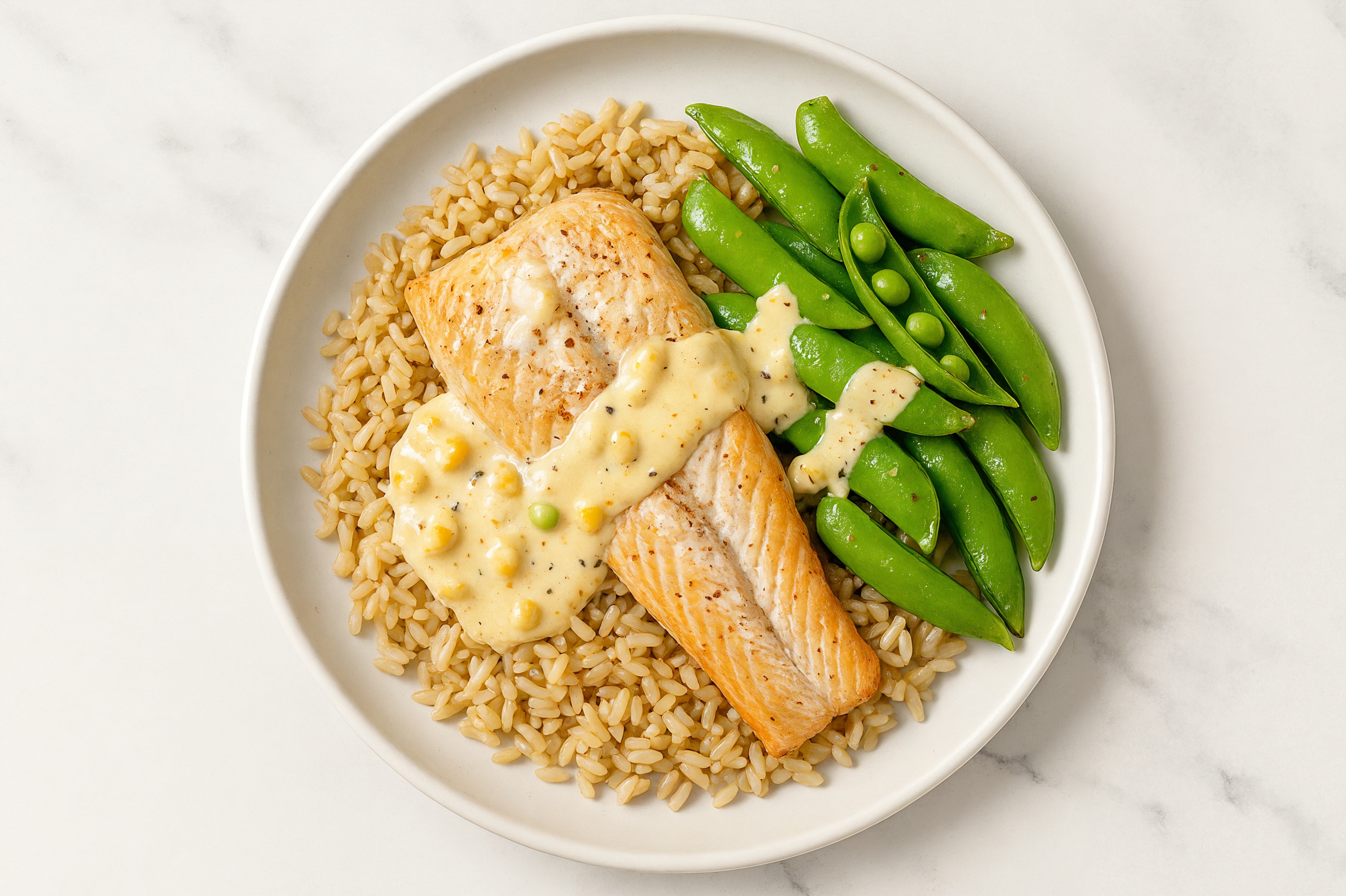 Street Corn Trout + Organic Brown Rice Bowl with Snap Peas