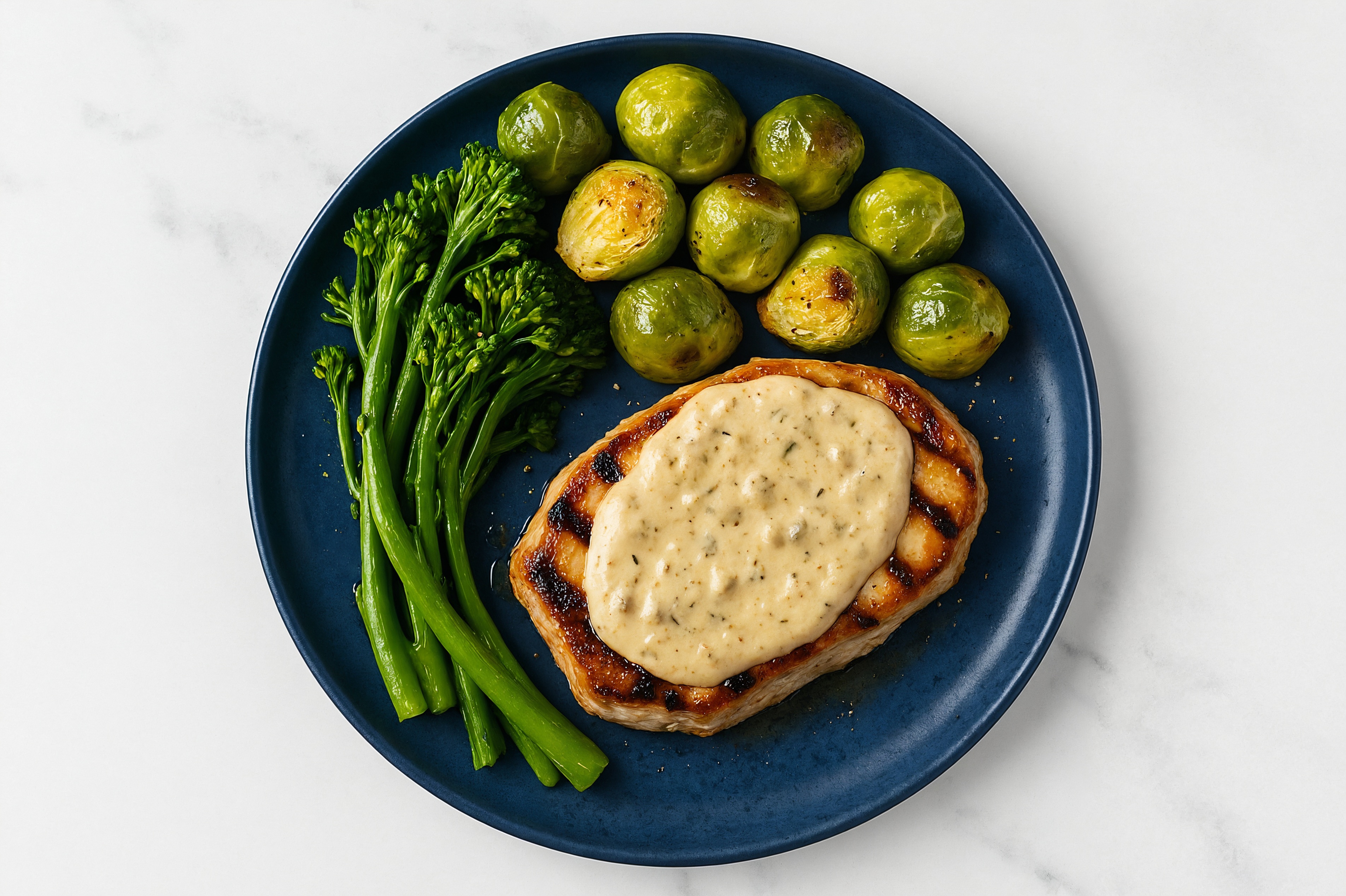 Creamy Truffle Smothered Pork Chops with Baby Broccoli & Roasted Brussels