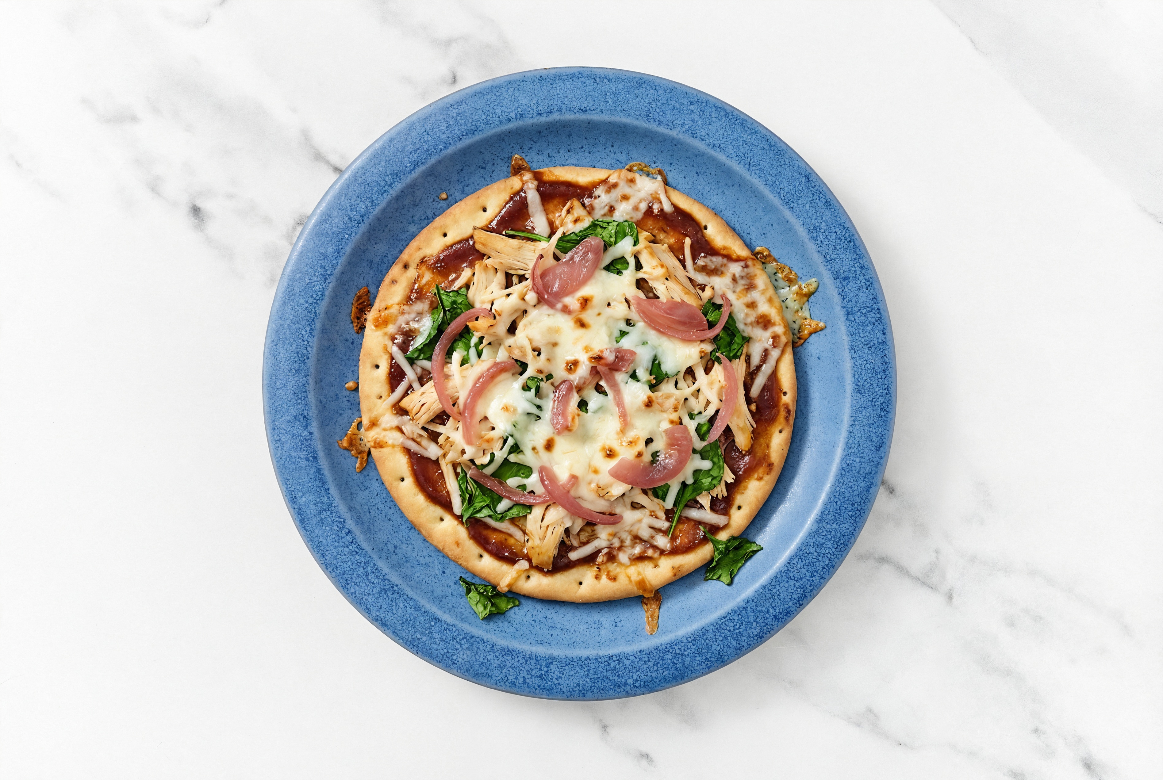BBQ Pulled Chicken + Spinach Gluten-Free Pizza with Pickled Onion with Original BBQ Sauce
