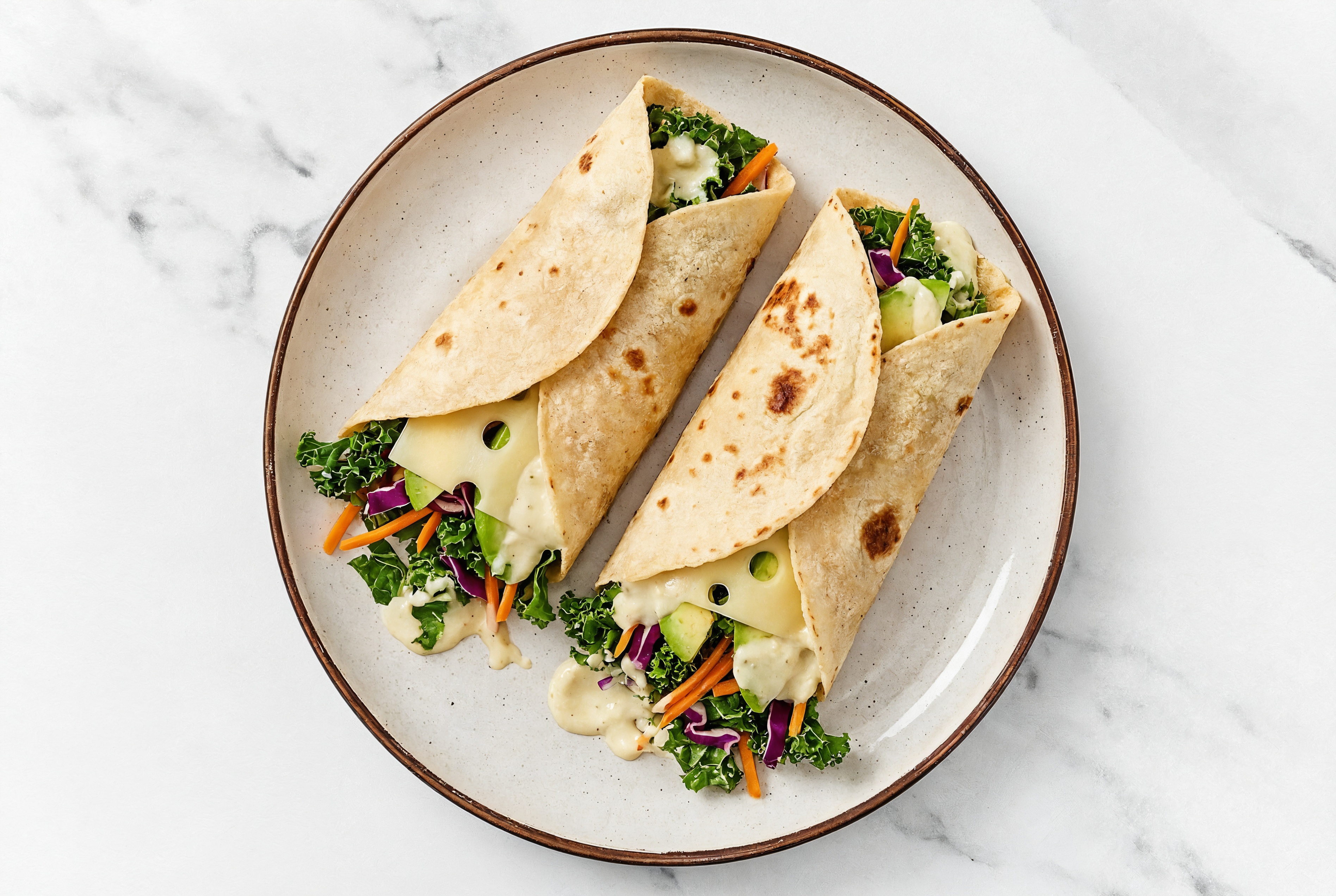 Garlic Avocado + Swiss Tortilla Wraps with Rainbow Veggies